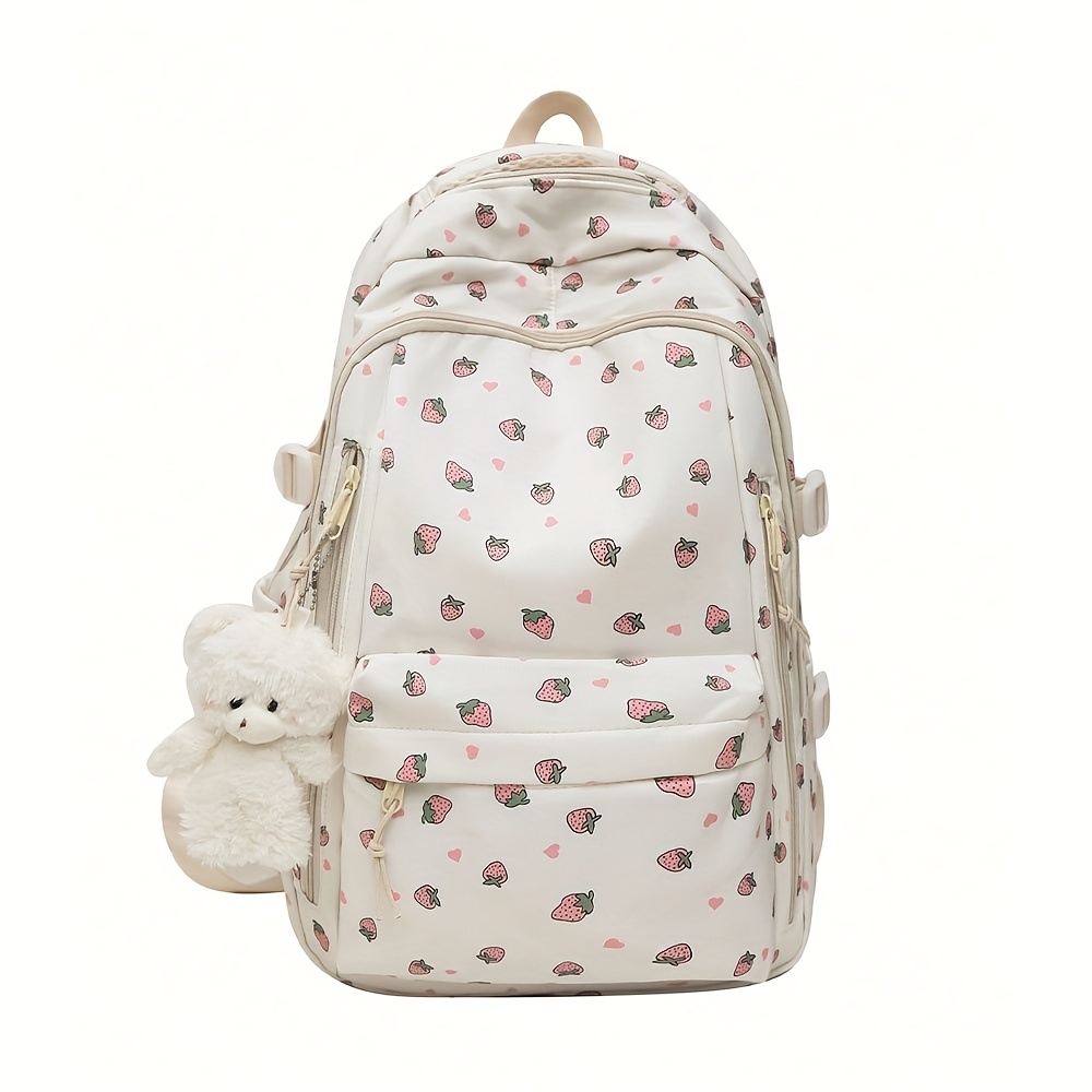 fashion printed rose ladies backpack multi compartment and pockets thick and sturdy student backpack with teddy bear pendant decoration large capacity details 3