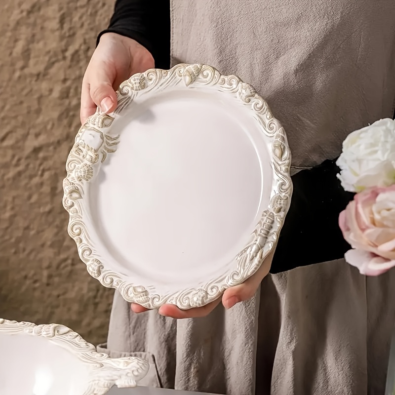 Set of 2 Vintage-Style Embossed Ceramic 10-Inch Round Plates for Steak And Pasta