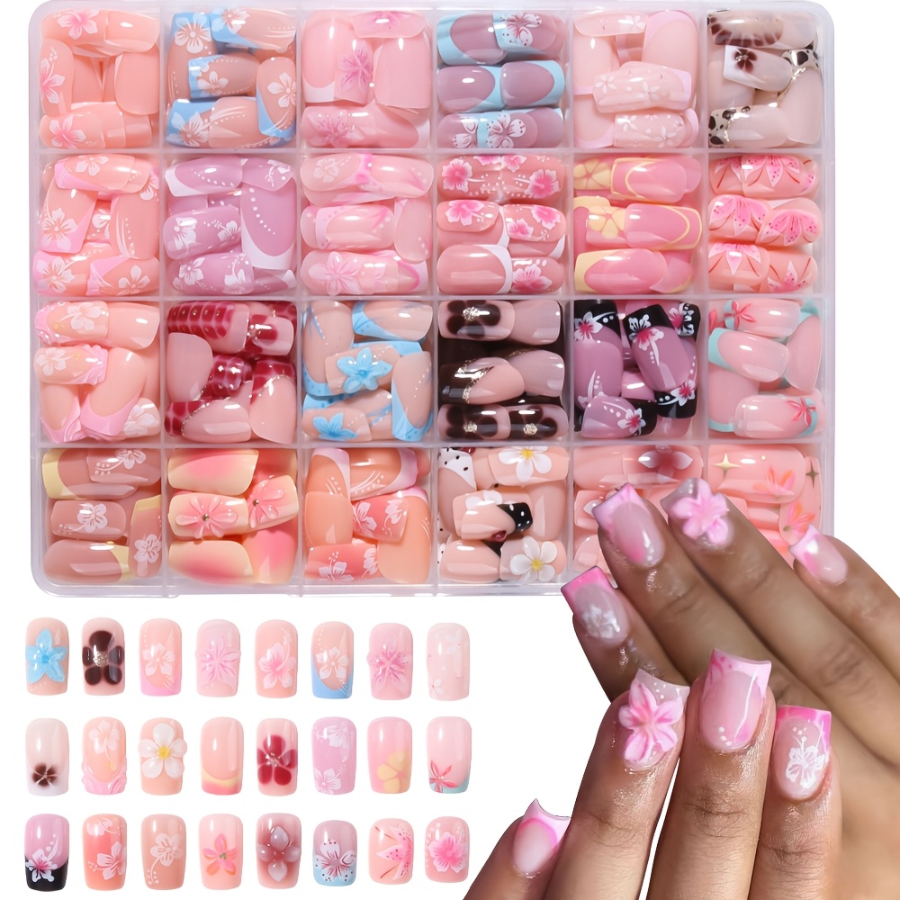 TEMU 576pcs Press-on Nails Short Square, Mixed Floral And Cherry Fake Nails, Pink Nude Base With Prints, Glossy Press-on False Nails, Bulk Assorted