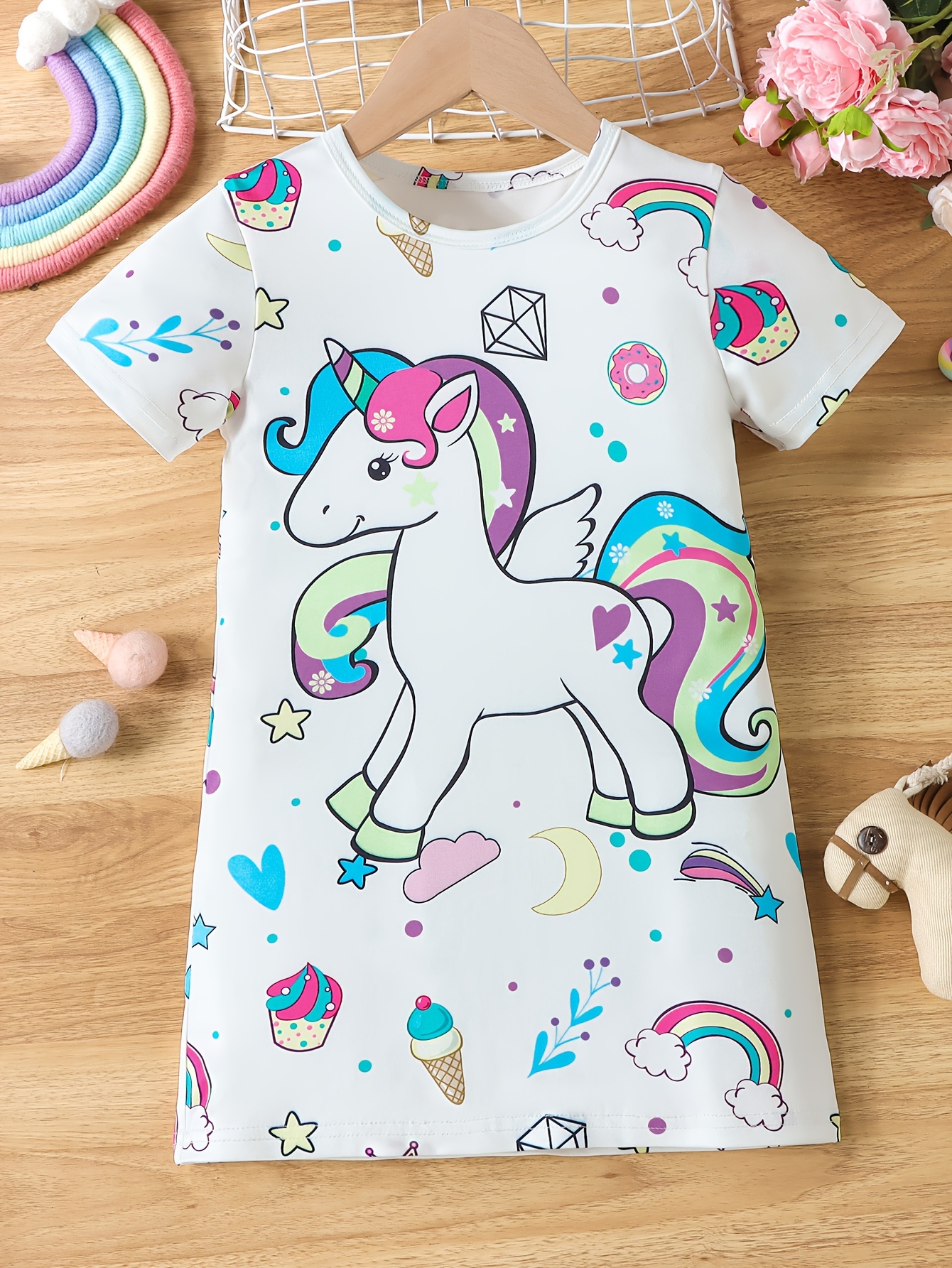 girls' summer unicorn print t shirt dress casual round neck Temu