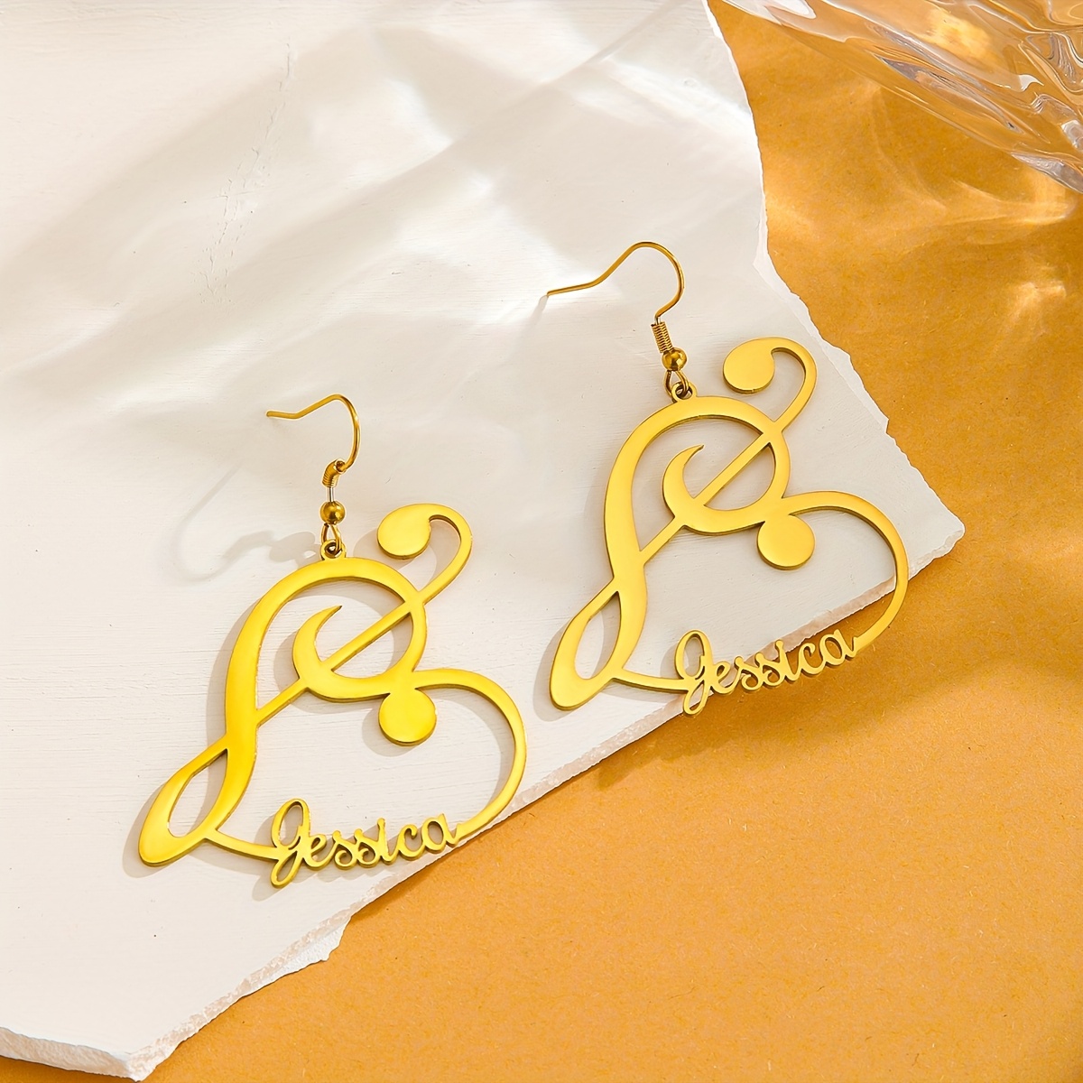 TEMU 1 Pair Vintage Elegant Stainless Steel Dangle Earrings With Customized Name, Heart & Musical , Personalized Jewelry For Women, Ideal For Daily