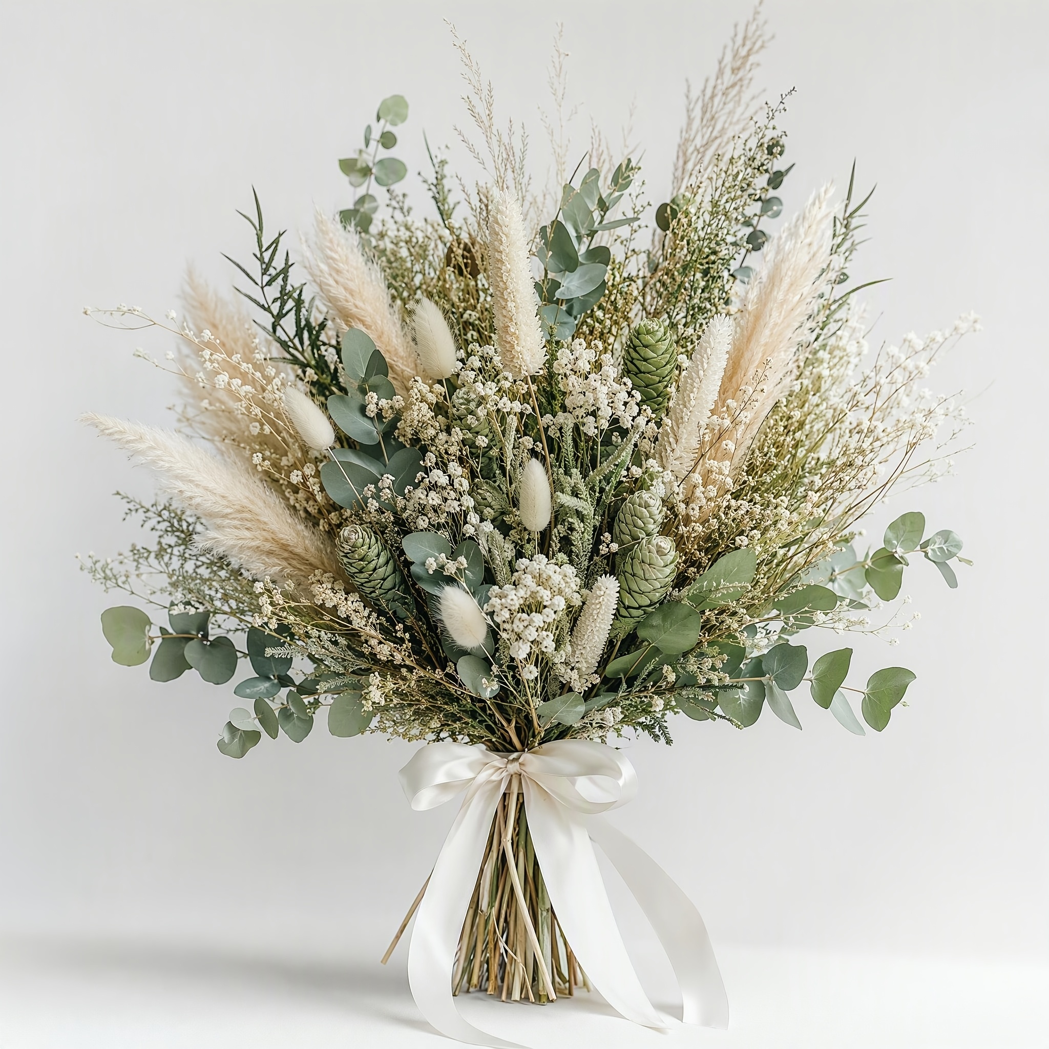 Image of 85pcs Boho Natural Preserved Dried Flower Bouquet, White Green Pampas Grass Eucalyptus Arrangement For Home Wedding Decor Gifting