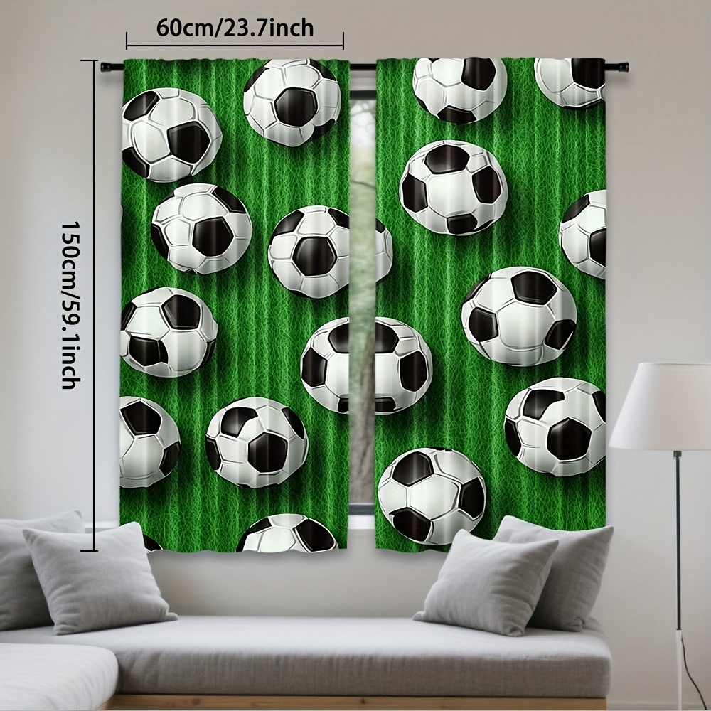TEMU 2pcs Green Football Pattern Light Filtering Curtains - Polyester Rod Pocket Drapes, Machine Washable, Contemporary Style For Bedroom, Living