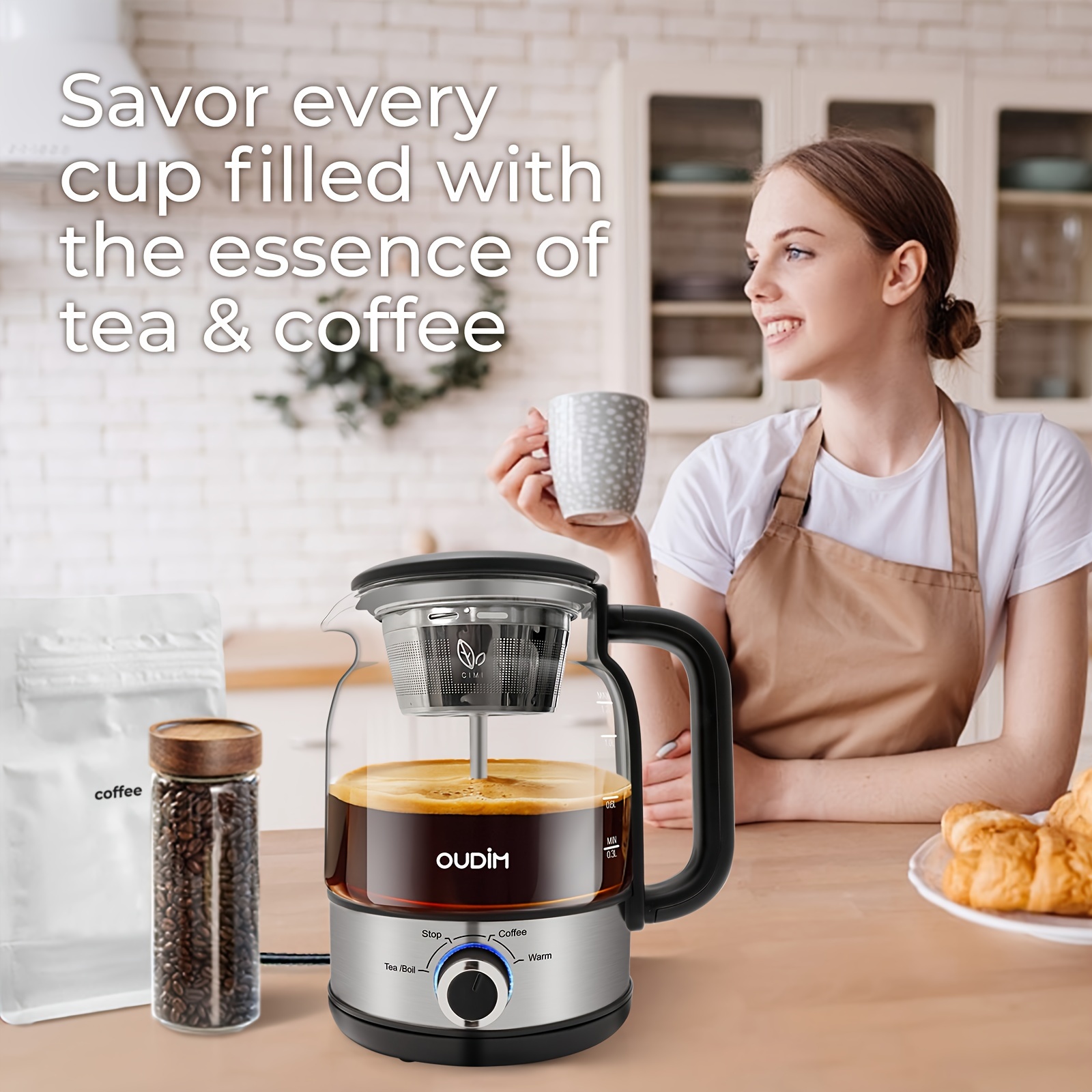 

1.2l Electric Coffee Maker & Tea Infuser - , Bpa-free Glass Stainless Steel Kettle, Heat Resistant Borosilicate, Us Plug