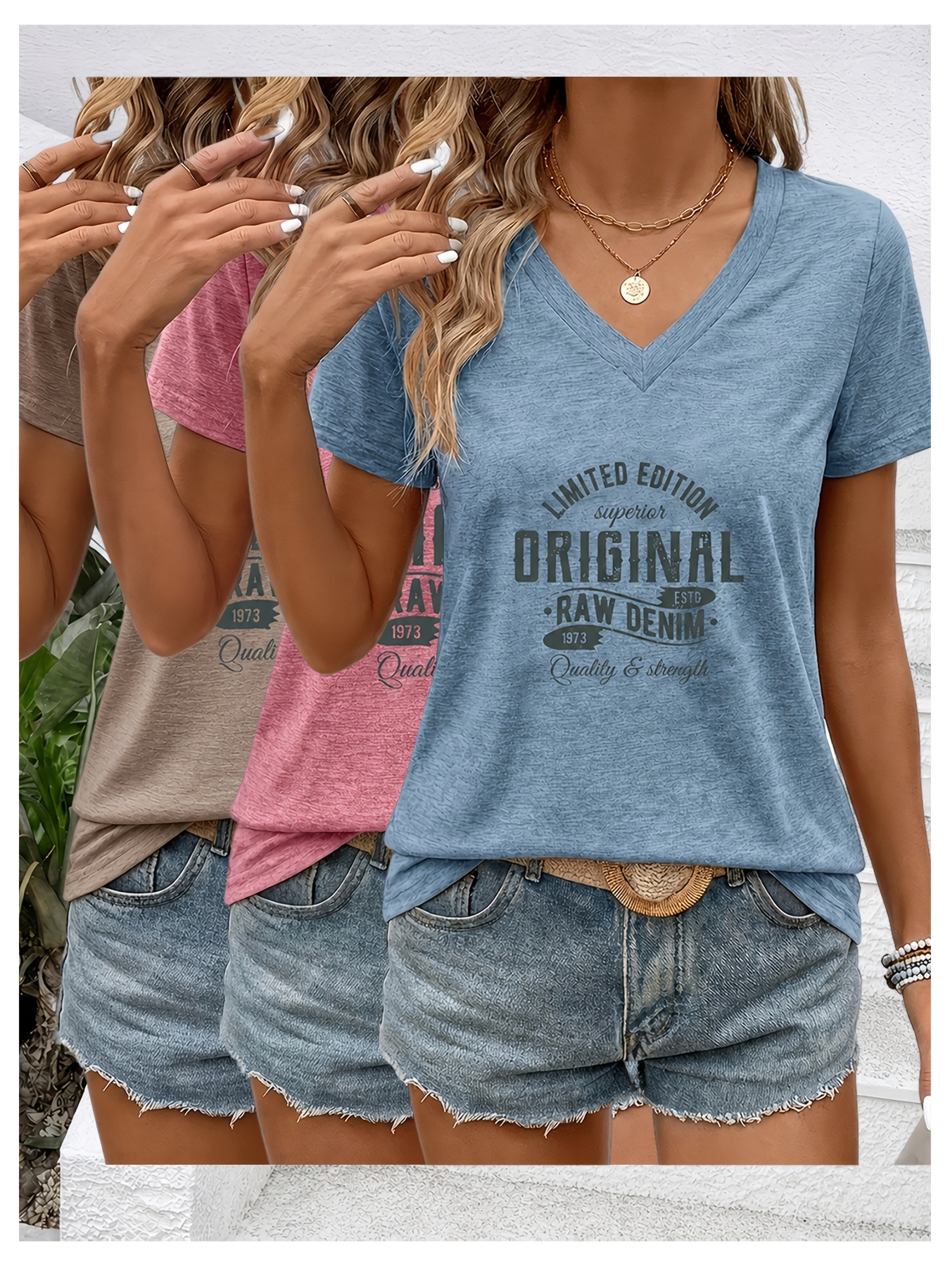 3pcs Set V-Neck Short-Sleeve T-Shirts, ORIGINAL Retro Distressed Letter Print, Soft And Skin-Friendly Fabric, Practical Top For, Machine Washable