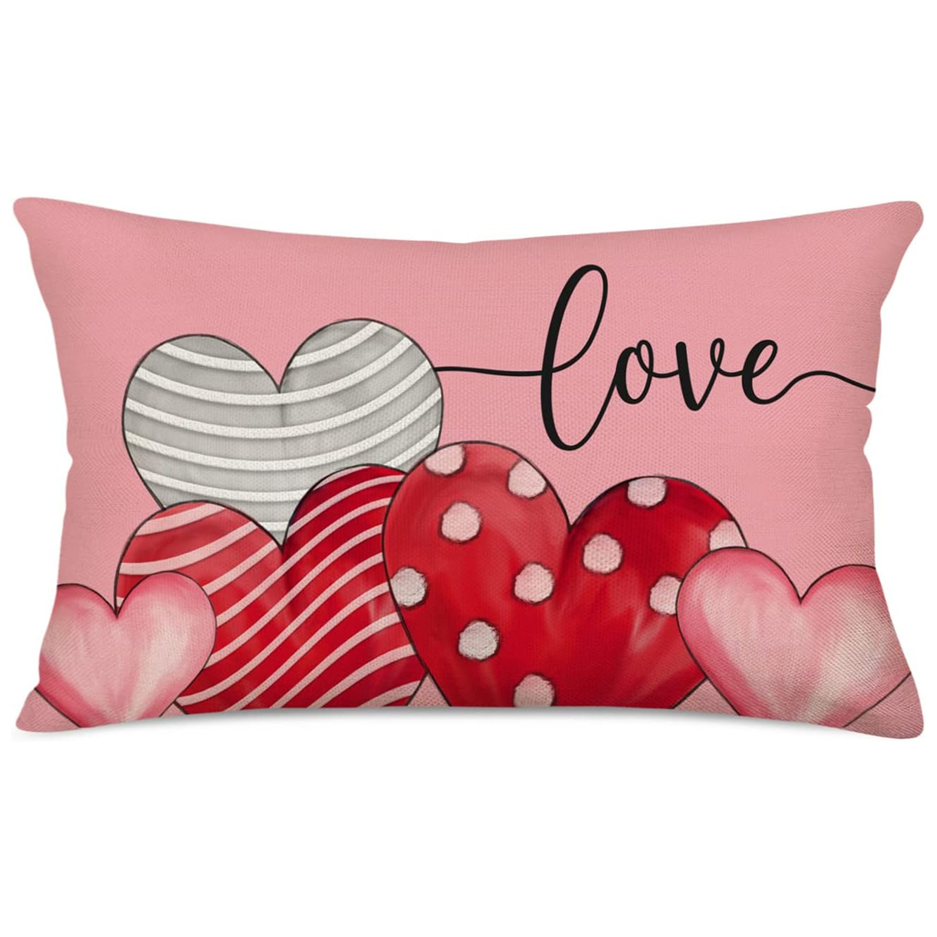 

Valentine's Day Love Heart Throw Pillow Cover, Pink 12x20 Inch Decorative Lumbar With Zipper Closure, Polyester, Machine Washable - Single Side (no Insert), Housewarming, Family , Pillow Cases