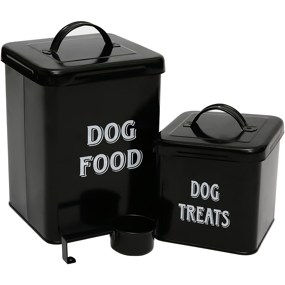 TEMU 2pcs Airtight Dog Food Storage Containers - Black Metal Vintage Pet Treat Tins With Lids & Scoops, Dry And Wet Food Organization