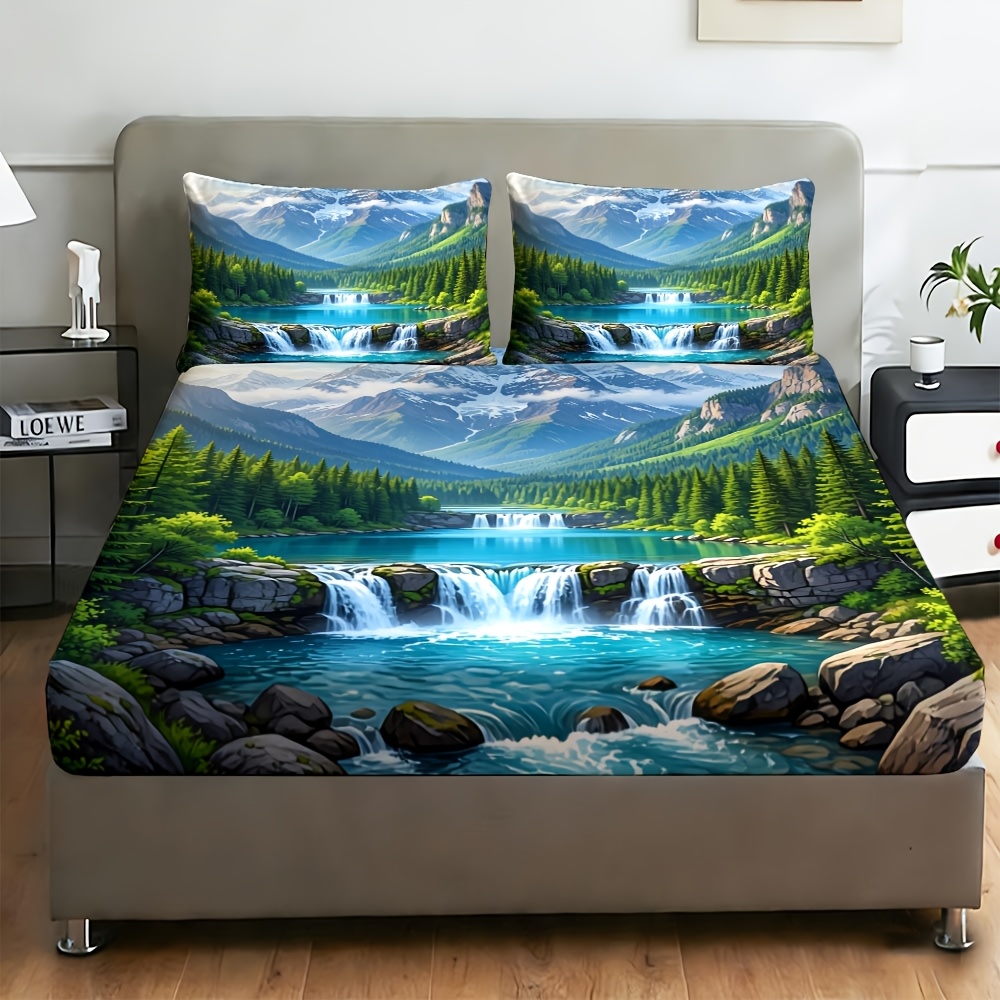 TEMU 2d Flat 2/3pcs Mountainous Landscape Fitted Sheet Set 1 Fitted Sheet   1/2 Pillowcases Suitable For All And Used In Bedrooms Guest Rooms And