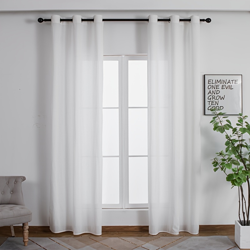 Image of 2pcs Elegant White Translucent Mullioned Tulle Curtains, Suspended Of The Rings, For Home Decoration, Living Room, Bedroom Room Decoration