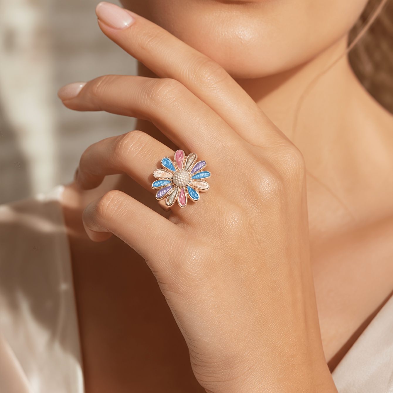   Classic Daisy Flower Ring for Women, Golden Plated Enamel Elastic Rings Adjustable Stretch Band Finger Rings, Bohemian Statement Floral Jewelry, Vintage Trendy Summer Fashion Accessory Gift for Daily Wear Party Dating Music Festival