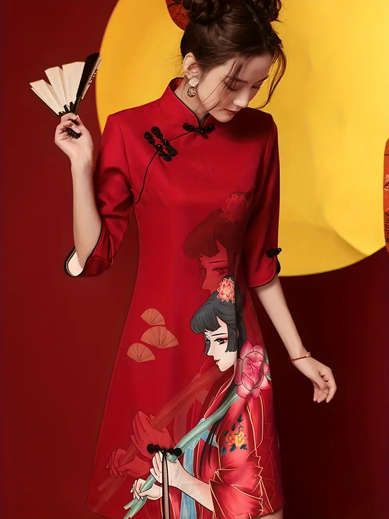 fitted chinese dress EastFlair Women's Elegant Black And Gold Chinese Dragon Print Open Collar Split Hem Fitted Cheongsam Dress,Summer Chinese Style Qipao Asian Wedding Party Night
