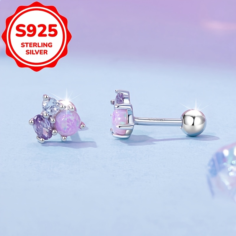 2pcs Women's Pink Iridescent Opal Stud Earrings, S925 Silver