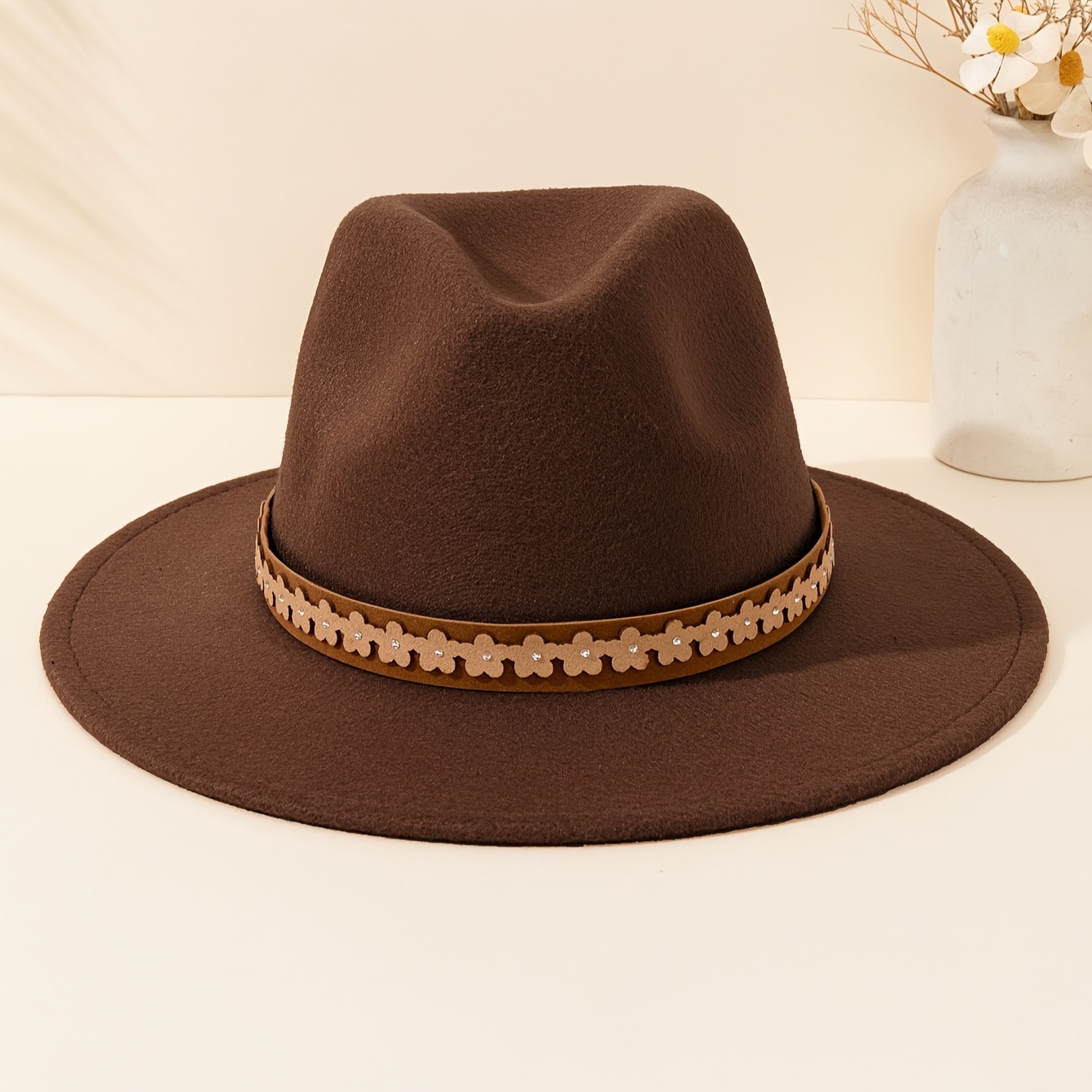 TEMU Retro Fashion Khaki Flat-brim Felt Hat With Diamond Flower Brown Decoration, (random Flower Pattern) Easy And Fashionable, Detachable Additions,