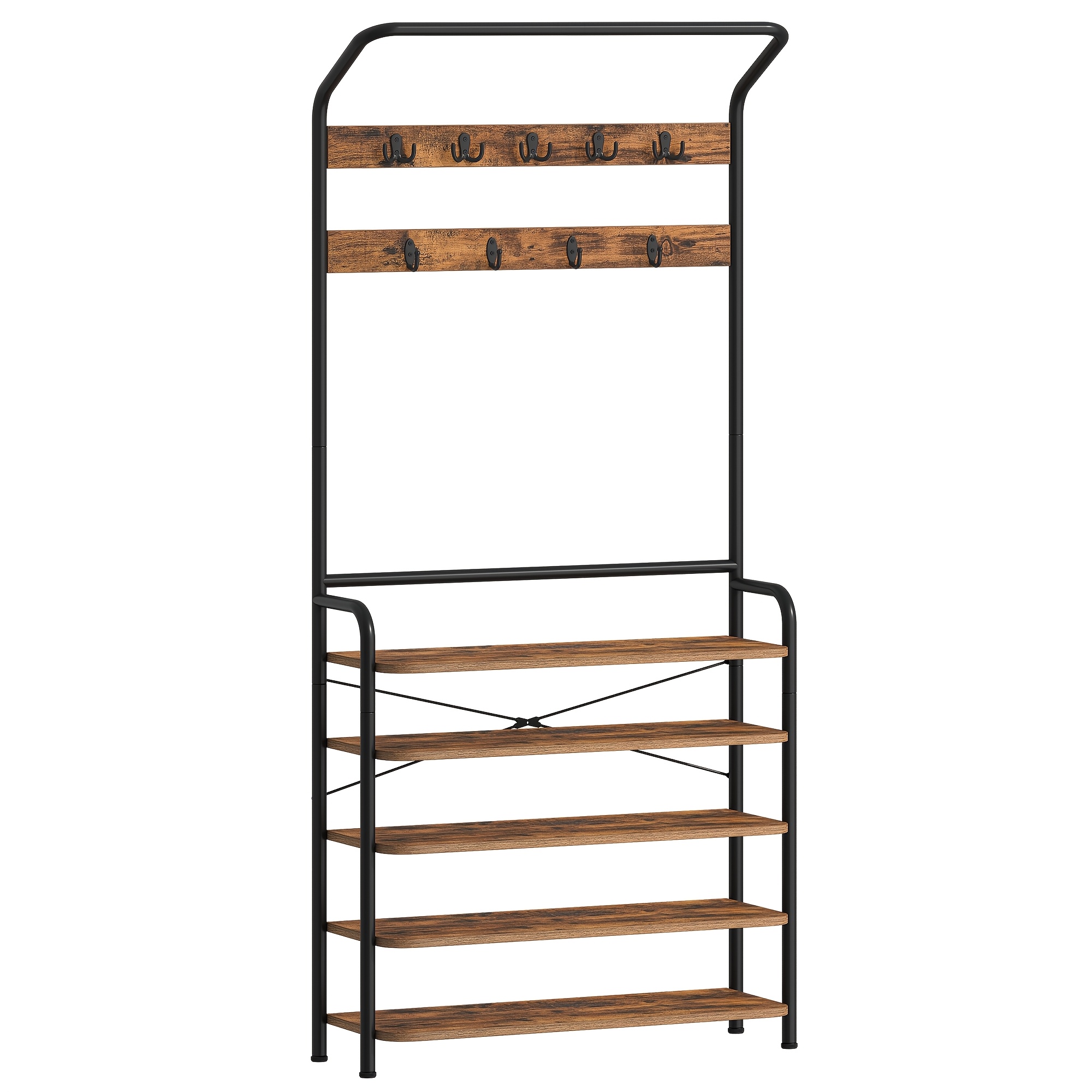 Coat Rack, Wardrobe With 5 Shelves, 1 Clothes Rail, 9 Hooks, Adjustable, Freestanding Clothes Rack For Hallway, Entrance, 30 X 78.5 X 195 Cm