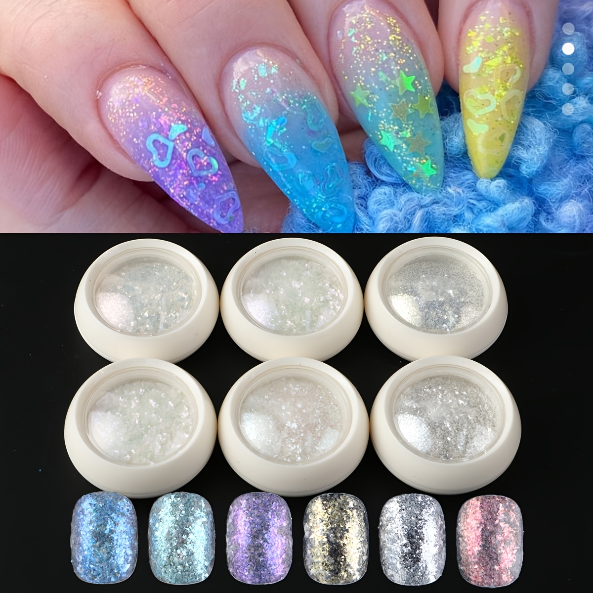 Image of 6 Shades Of Holographic Opal Nail Flakes, Glittering Opal Powder, Aurora Iridescent Chrome, Ultra-thin Luxury Dust For Spring And Summer Manicure Decoration