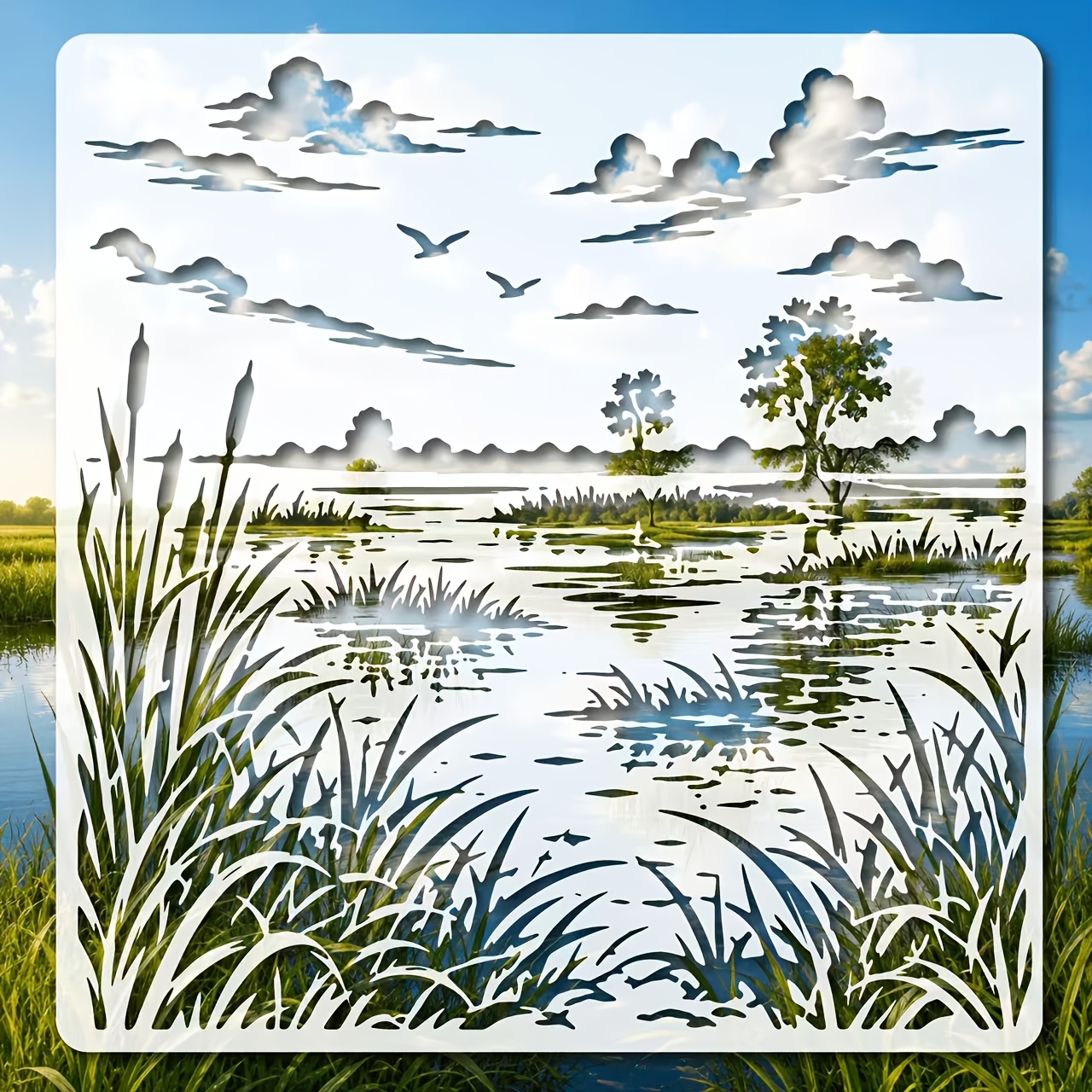 TEMU Pochoir Paysage 1 pièce Réutilisable 11,8*11,8 Pouces pour Peinture avec Modèles de Dessin pour Artisanat, Art Mural, Meubles, Toile