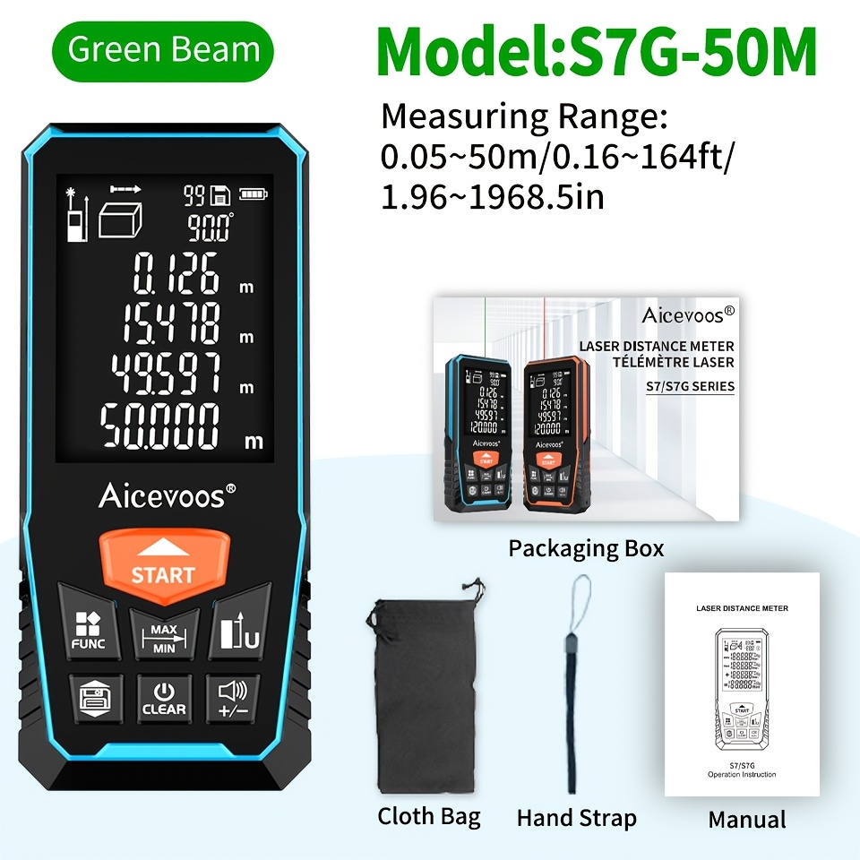 Image of High-precision Beam Laser Distance Meter, 50m/70m/100m/120m, Laser Rangefinder, Electronic Laser Tape Measure, Green Light Measure Range Finder, Distance Measuring Electronic Level, Rangefinder
