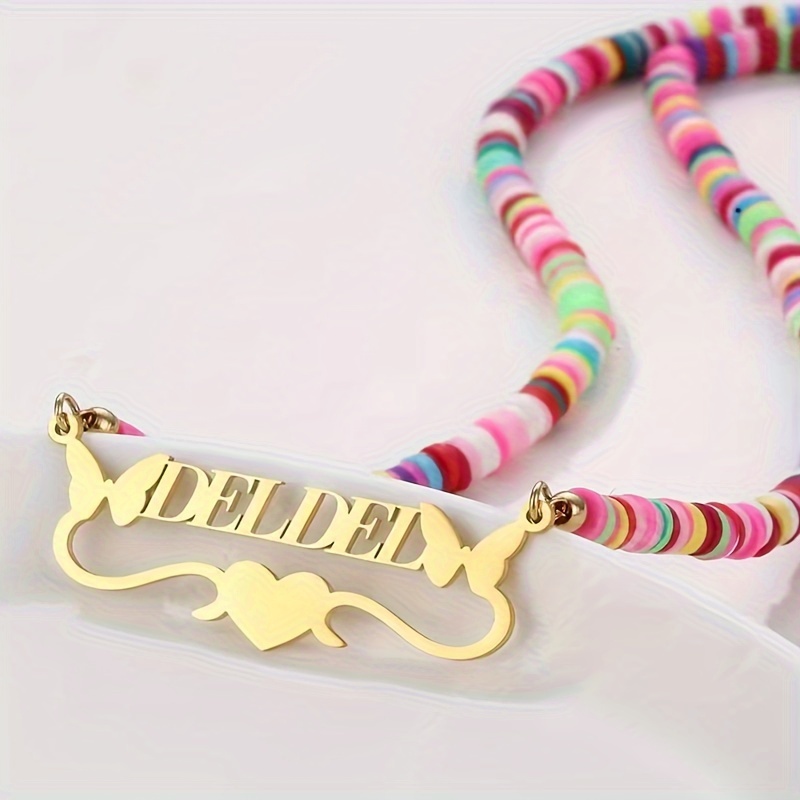 

Elegant 18k Golden Plated Custom Heart Name Necklace With Rainbow Beads, Personalized Stainless Steel Jewelry For Women, Ideal For Parties And Gifts, Accessory