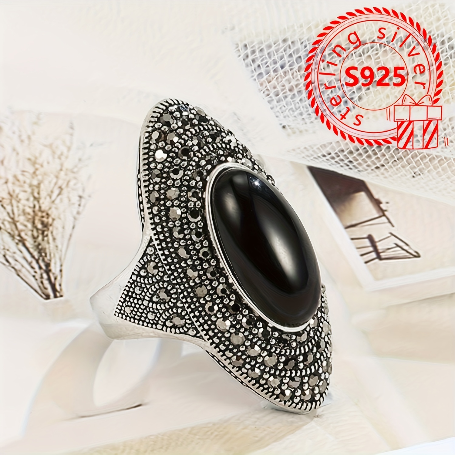 Vintage Inspired 925 Silver Ring with Agate Stone