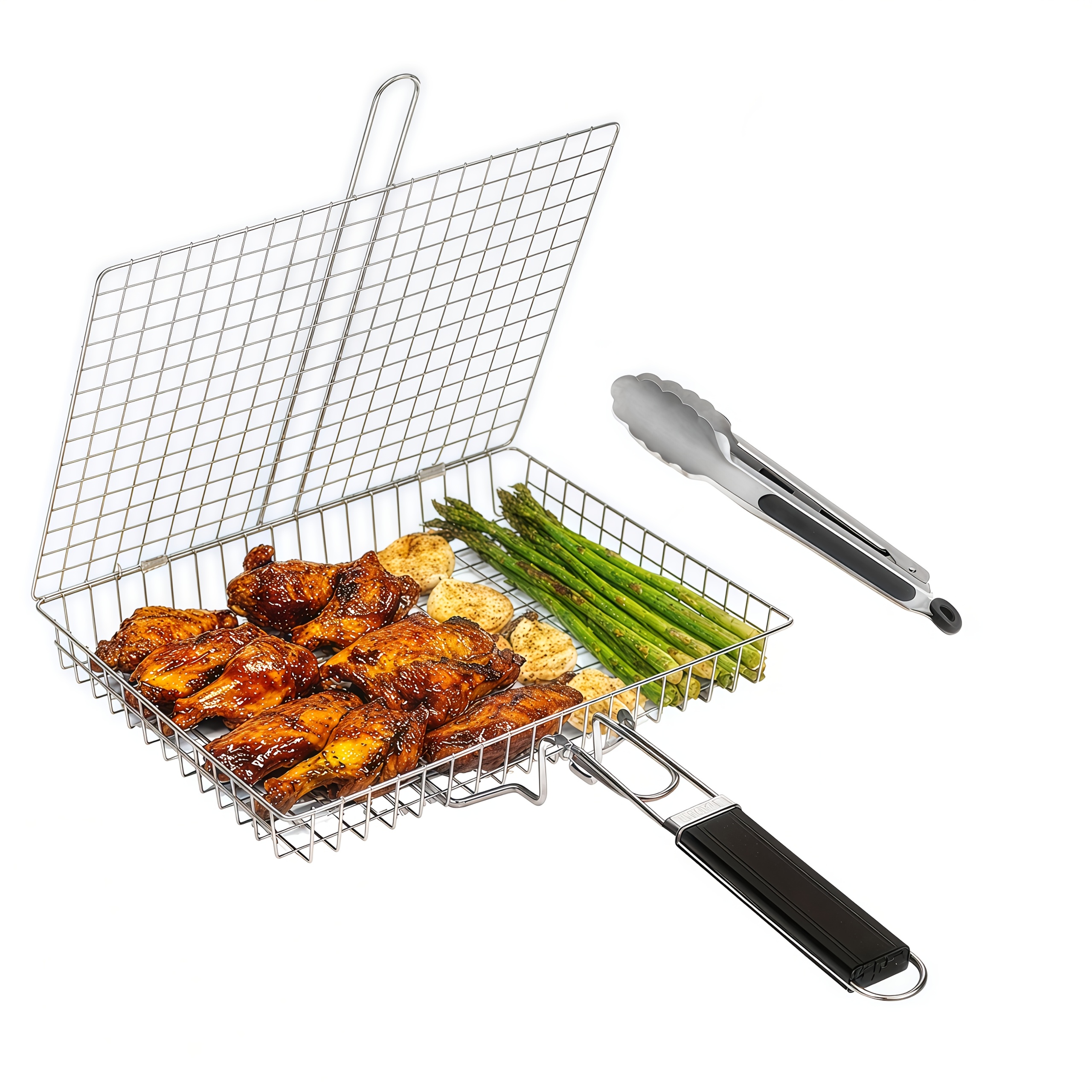 TEMU Stainless Steel Foldable Grill Basket & Tong Set, Removable Handle, Large Capacity, Outdoor Camping Bbq Tool For Meat Fish Vegetables