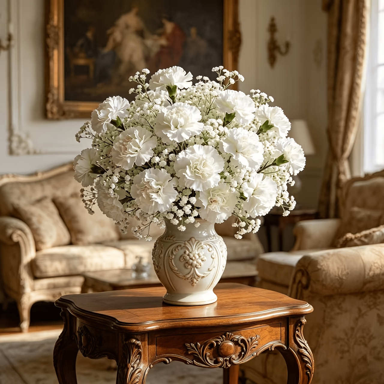 Image of 31pcs White Artificial Carnation And 's Breath Bouquet, Suitable For Weddings, Bridal Hand Bouquets, Home, Garden, Parties, Indoor And Outdoor Aesthetic Decoration