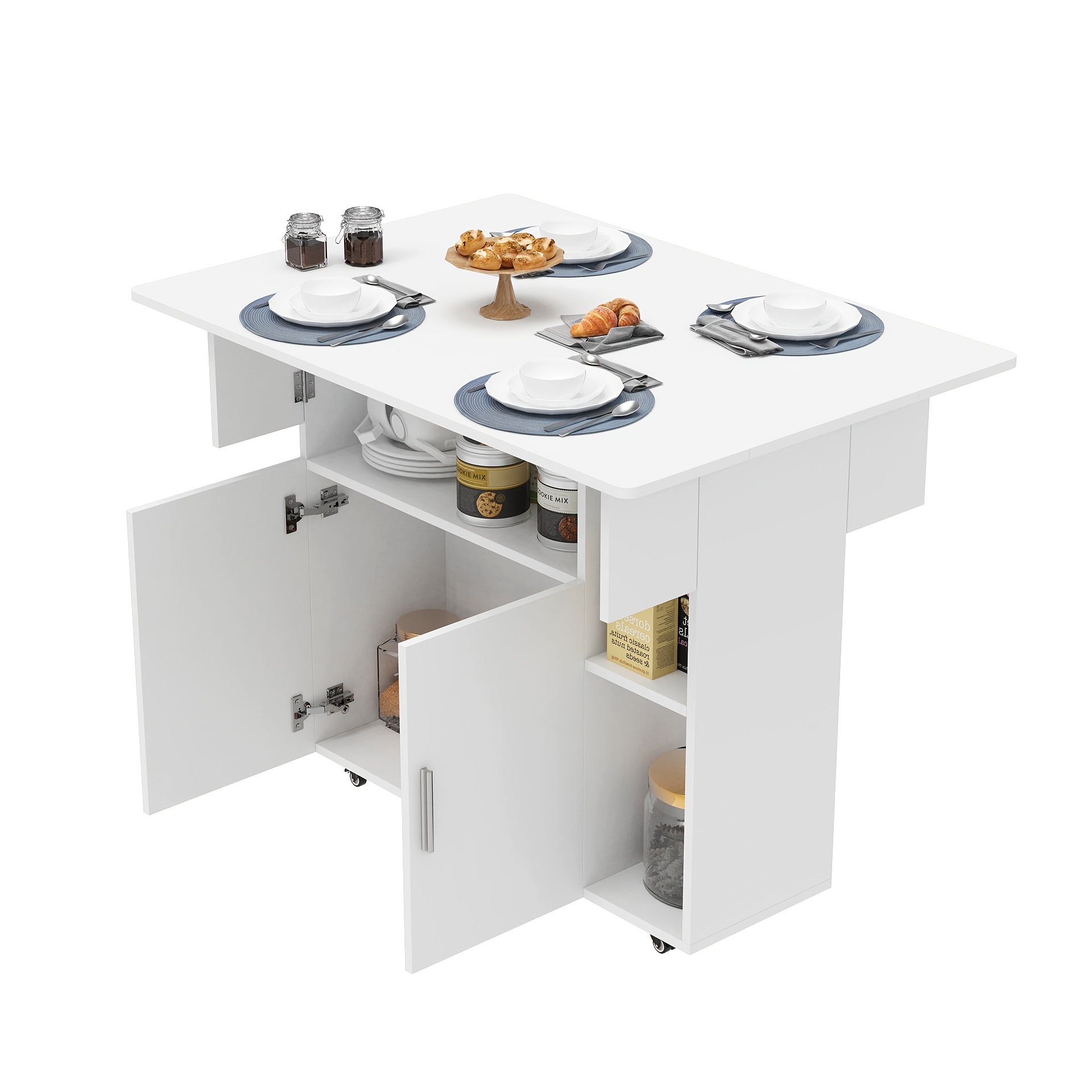E-shop Mobiler Klapptisch, kleiner Klapp-Tisch, mobiler Küchentisch mit 4 Rädern, Tisch mit Stauraum, für kleine Räume, für Esszimmer und Küchen, Weiß