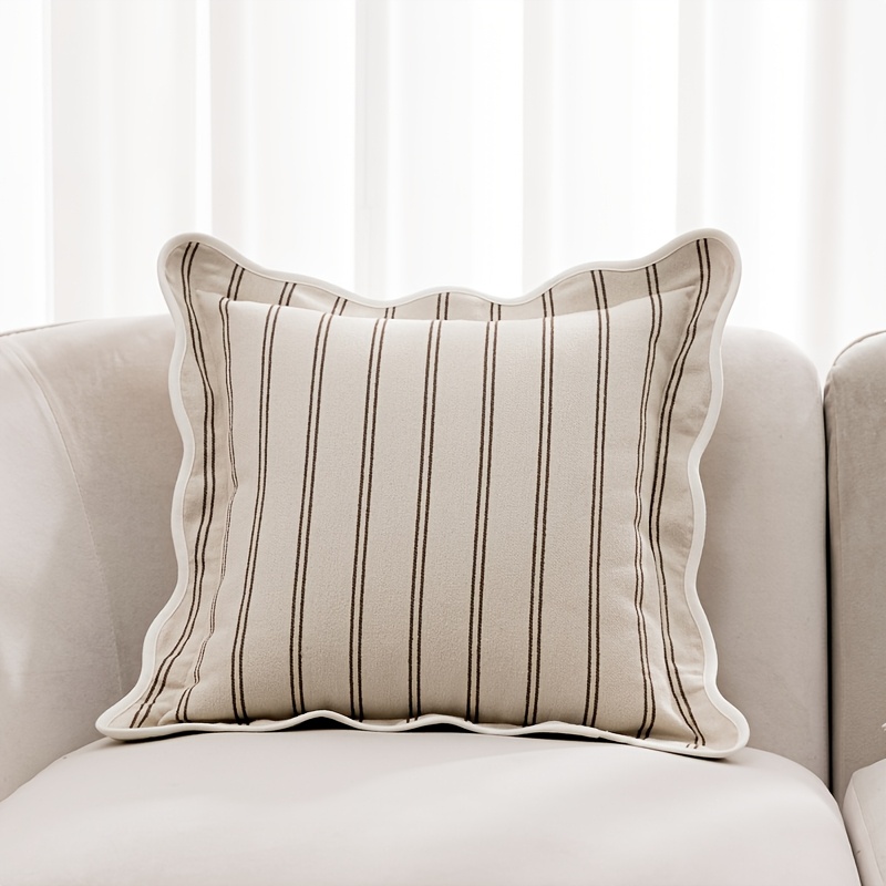 TEMU 1pc French Wave-edge Easy Retro Striped Throw Pillow Cover With Jacquard Weaving On Sides For Sofa Bed, Living Room Pillow Cover, Waist Cushion