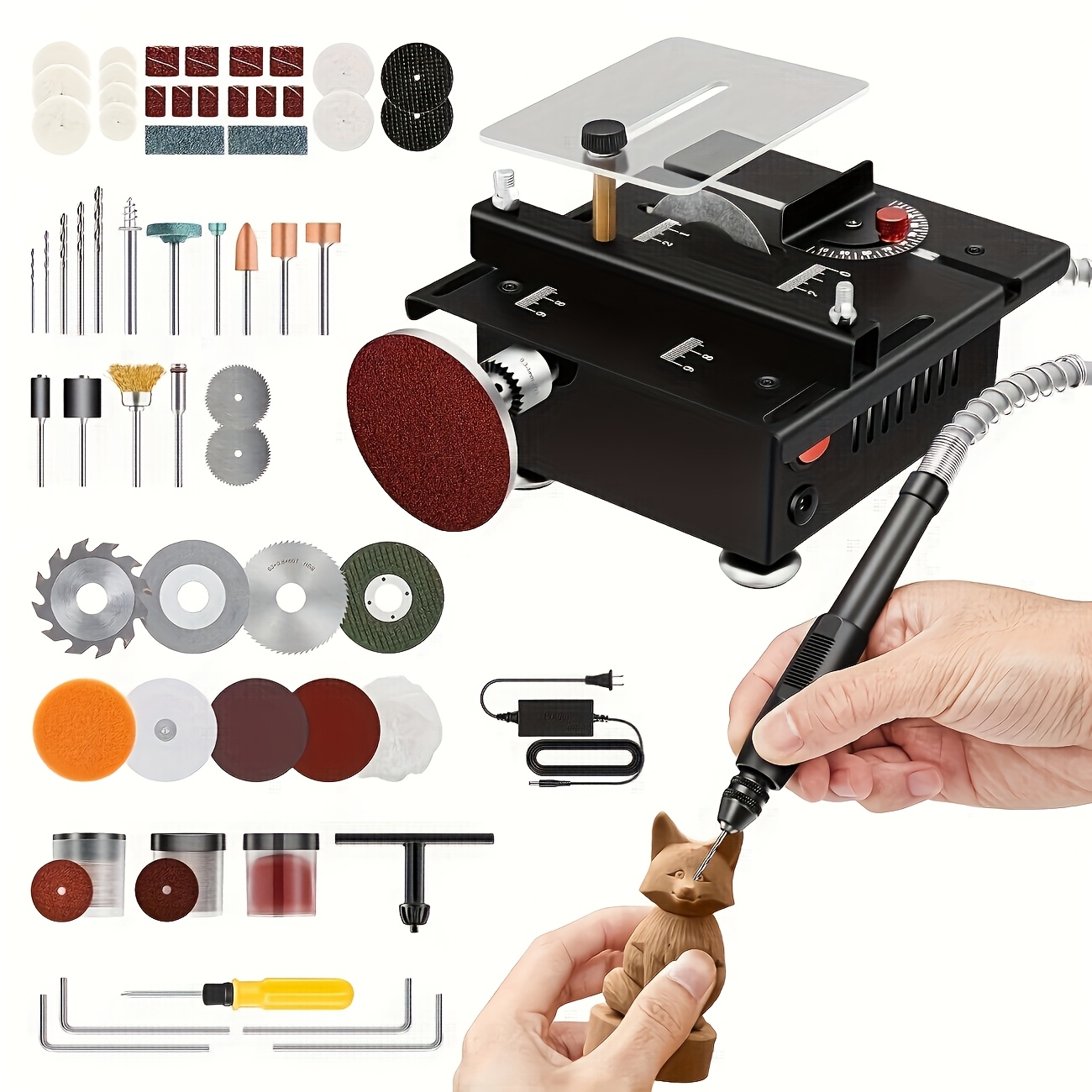 TEMU Mini Table Saw, Multi-functional Portable Adjustable, -one Machine For Cutting, Grinding, Carving, And Drilling, 7-speed Adjustable Power, Cuts