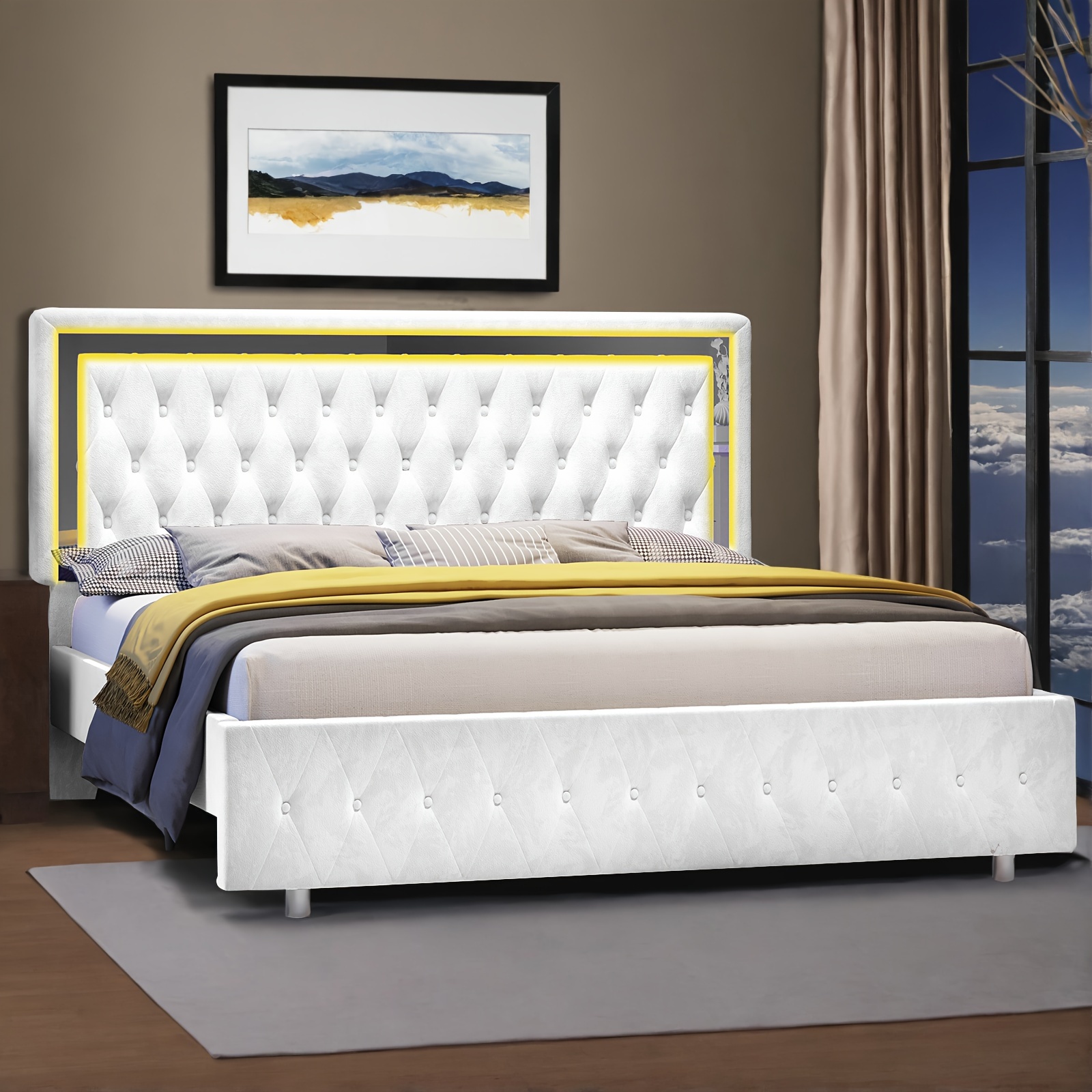 Papajet Led Bed Frame Upholstered Platform Bed With Vlelvet Tufted Headboard, Spring Needed, White