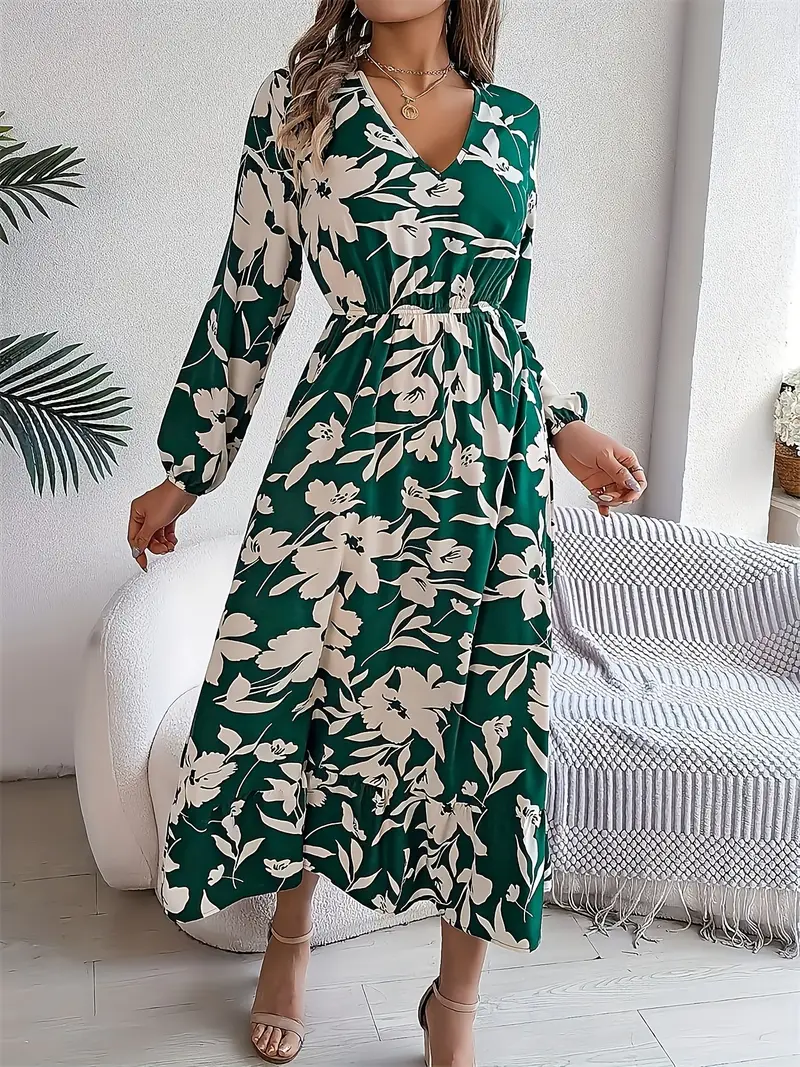 1pc womens floral v neck long sleeve midi dress polyester a - Temu United Arab Emirates 1pc womens floral v neck long sleeve midi dress polyester a - Temu United Arab Emirates