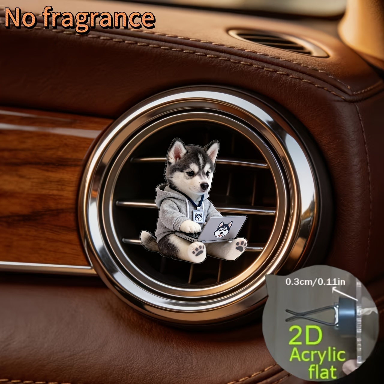 TEMU 2d Flat, 1pc Cute Husky Design Car Air Outlet Decoration Clip, Pet Theme Acrylic Car Decoration, No Fragrance, Car Interior Decoration, Scented