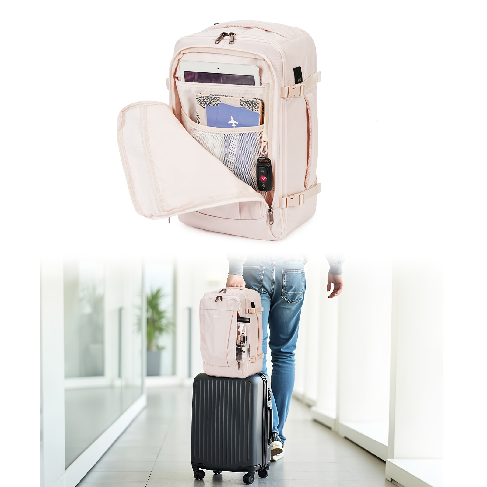 

20l Pink Polyester Travel Backpack With Usb Port - Airline-approved, Lightweight & Foldable Laptop Bag With Padded Compartment, Adjustable Straps For