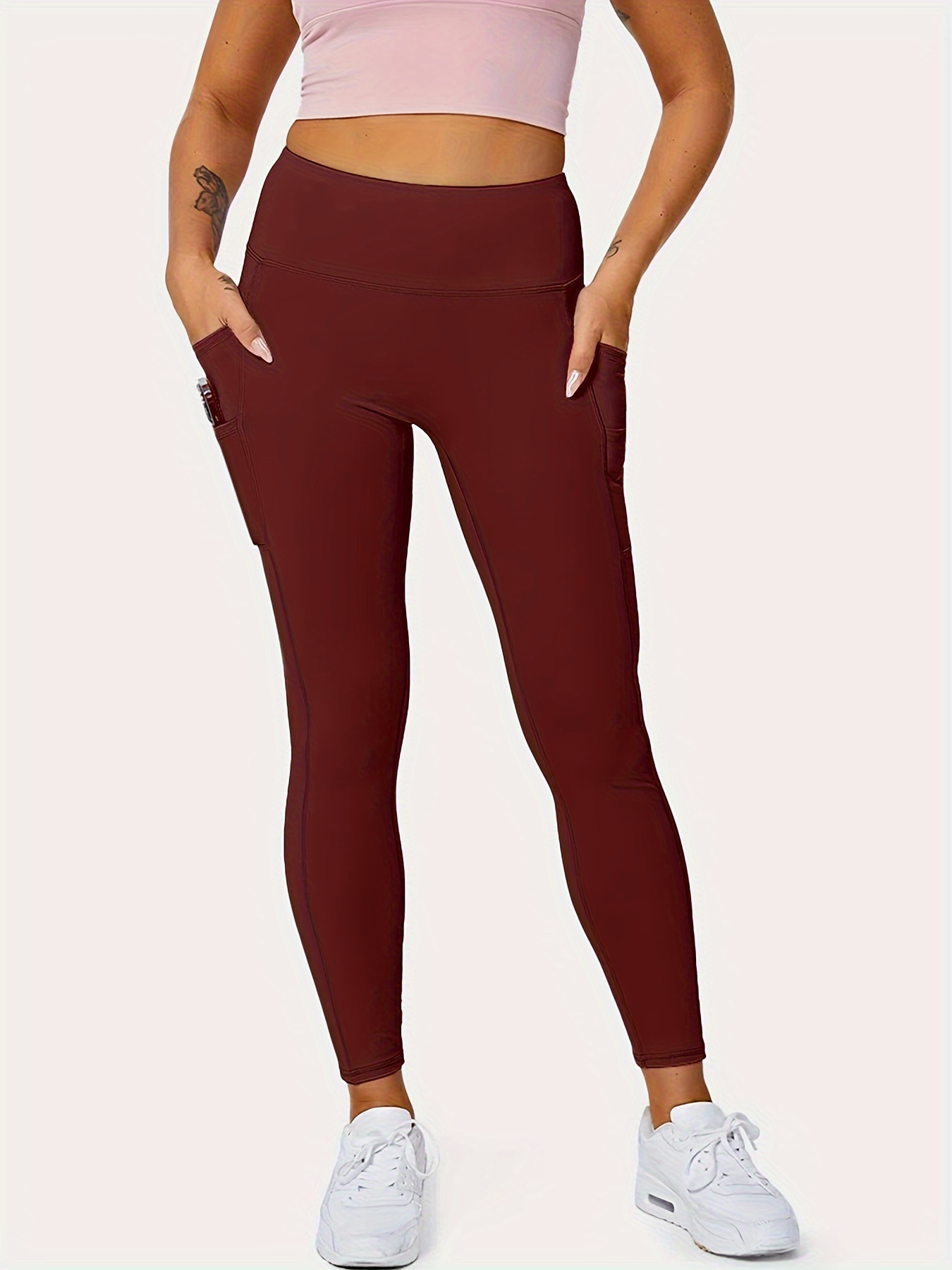 Plus Size Sports Leggings, Women's Plus Solid Pipping High Rise High Stretch Skinny Leggings With Pockets Suitable Spring/Autumn