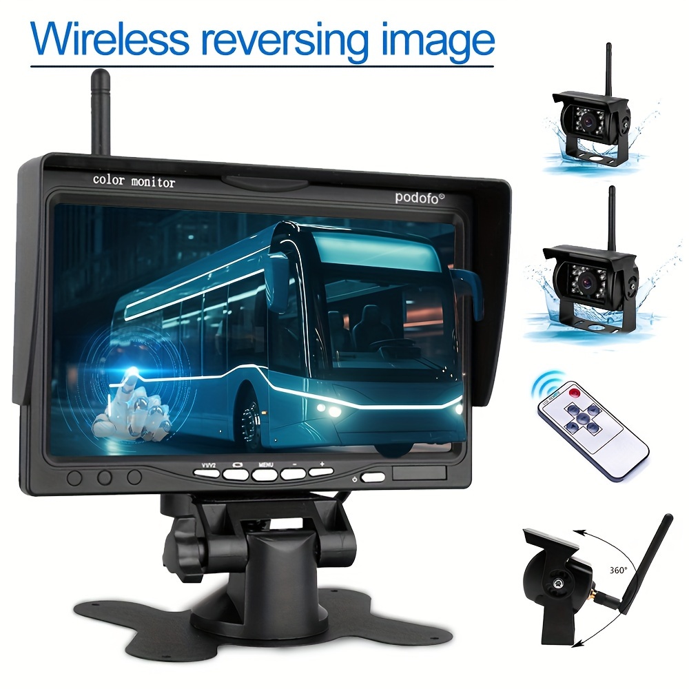 

Camecho Wireless Vehicle Truck 2 Backup Cameras & Monitor Parking Assistance System, Rear View Camera + 7" Monitor For Rv Truck Trailer Bus