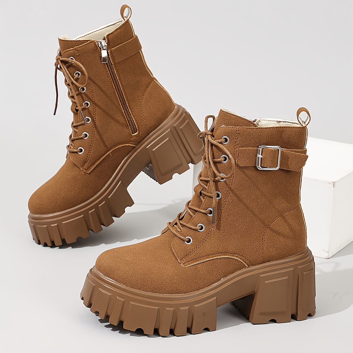 TEMU Women Dress Shoes & Boots, Lace Up Ankle Boots, Elevated Thick Platform All-match Street Footwear, Women Shoes