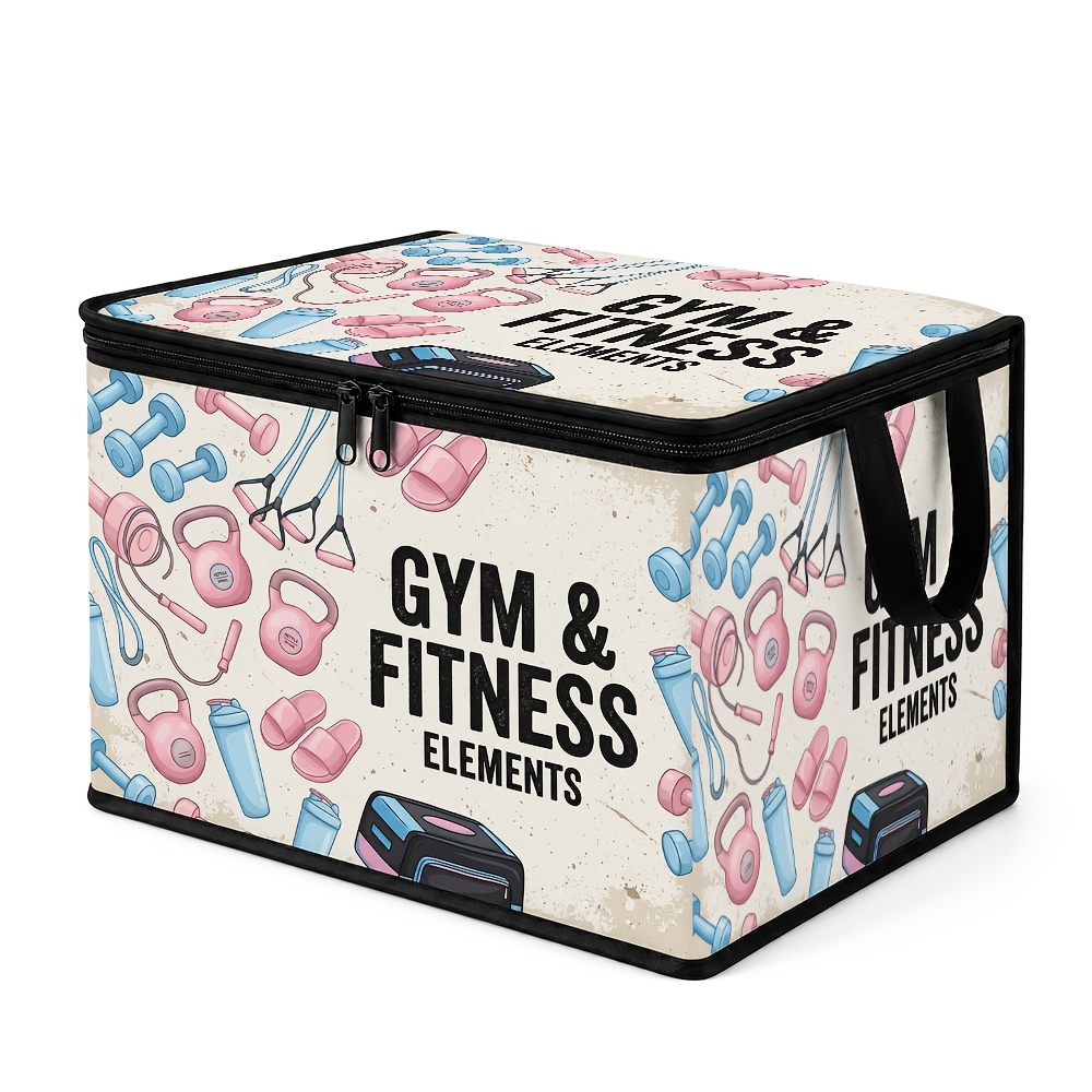 TEMU 1 pièce Bac de rangement rose à couvercle à motif vectoriel d'entraînement avec de gym et de fitness et poids, convient pour vêtements,