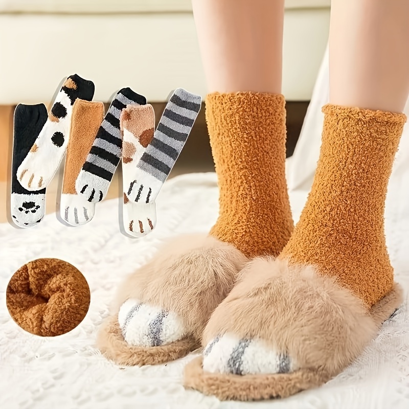 1/3/6 Cat Claw Socks Fuzzy Cat Socks Winter Warm Cat Paw - Temu