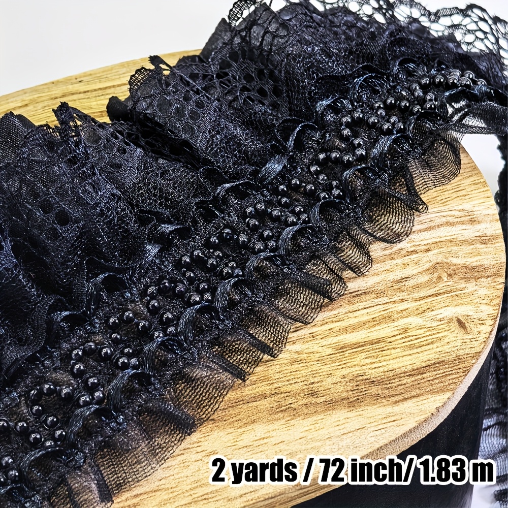 Image of 2yd Black Elastic Lace Trim With Pearls - Stretch Pleated Lace For Dresses, Sleeves, Crafts Embellishments | Sewing Accessories