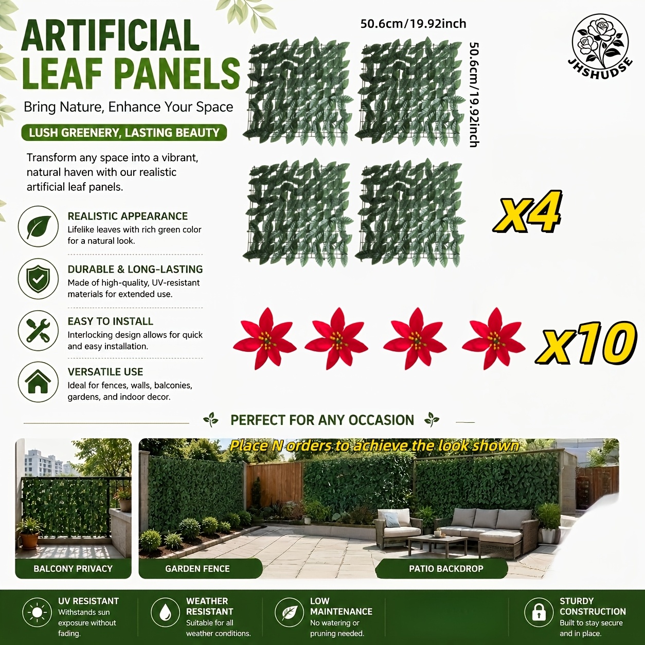 TEMU [3d] 1 Set Of 14pcs Christmas Poinsettia Artificial Greenery Fence Decor, Faux Green Leaf Plant Fence With Poinsettia Flower Accents,