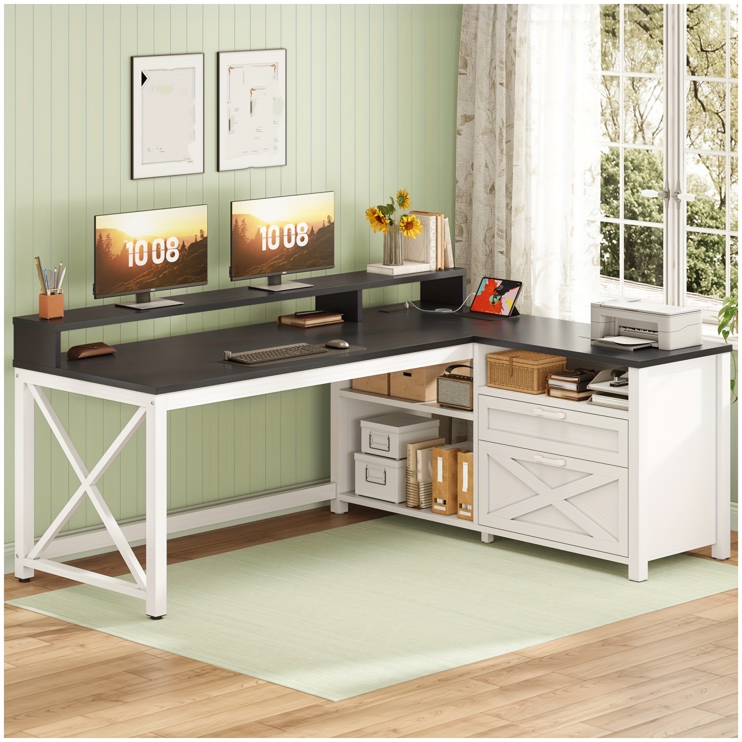 Farmhouse L Shaped Computer Desk With Led Lights, 55" Home Office Desk With Drawers And Storage Shelves