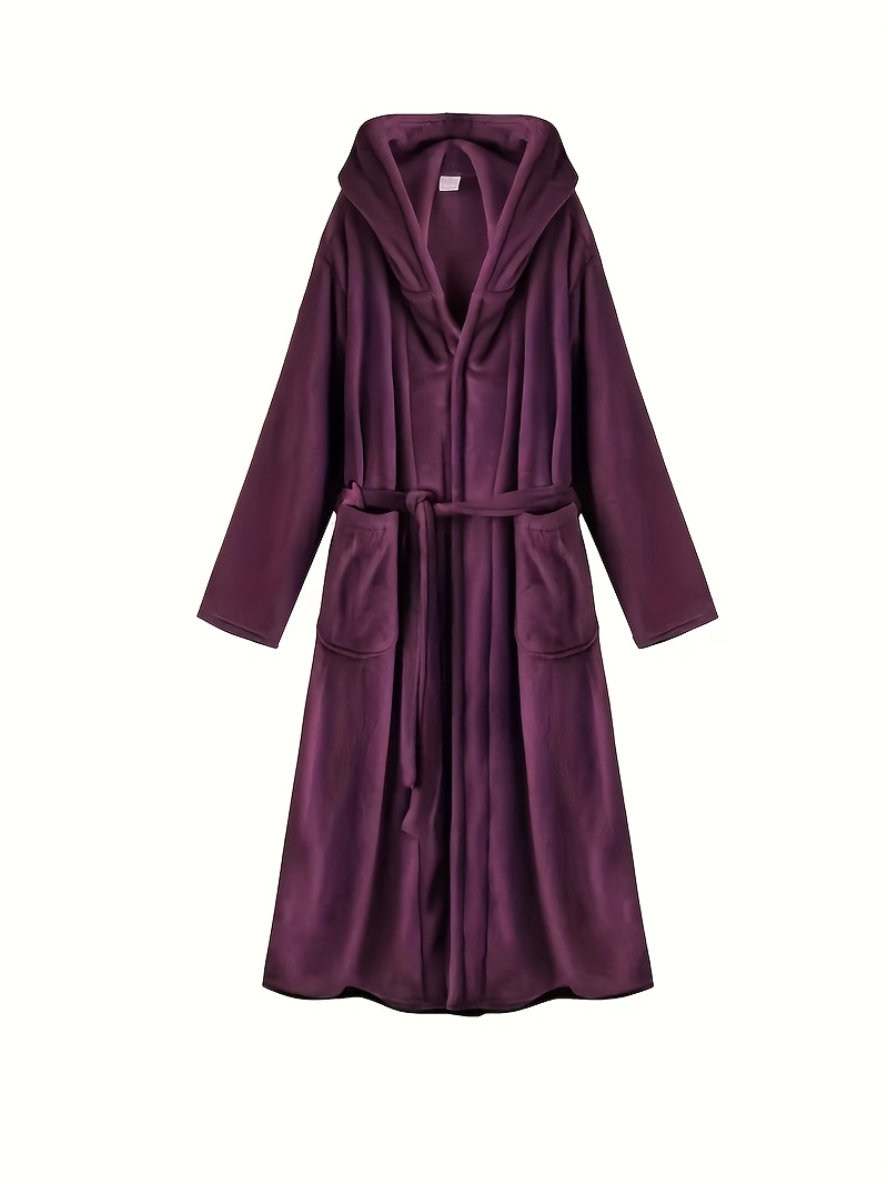 Men's Long Black Fleece Bathrobe with Double Hood - Soft, Breathable, Adjustable Belt, Solid Color, Ideal for Autumn/Winter Comfort