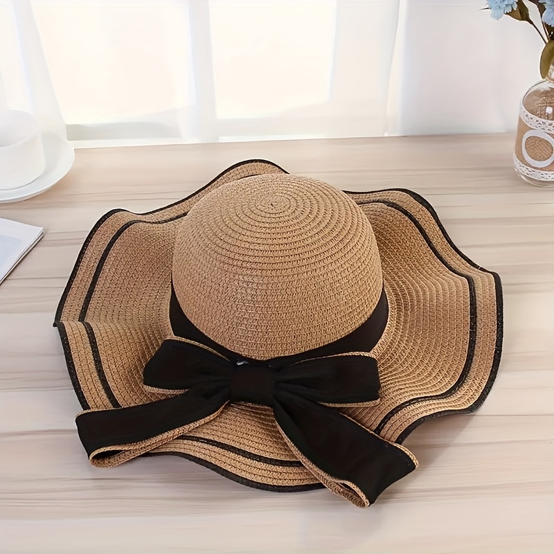 women's wide brim straw sun hat with elegant black bow, beach, summer and coastal vacations, fashionable beach accessory, polyester hat, ideal gift for halloween and christmas | Today's Deals | Temu Republic of Korea