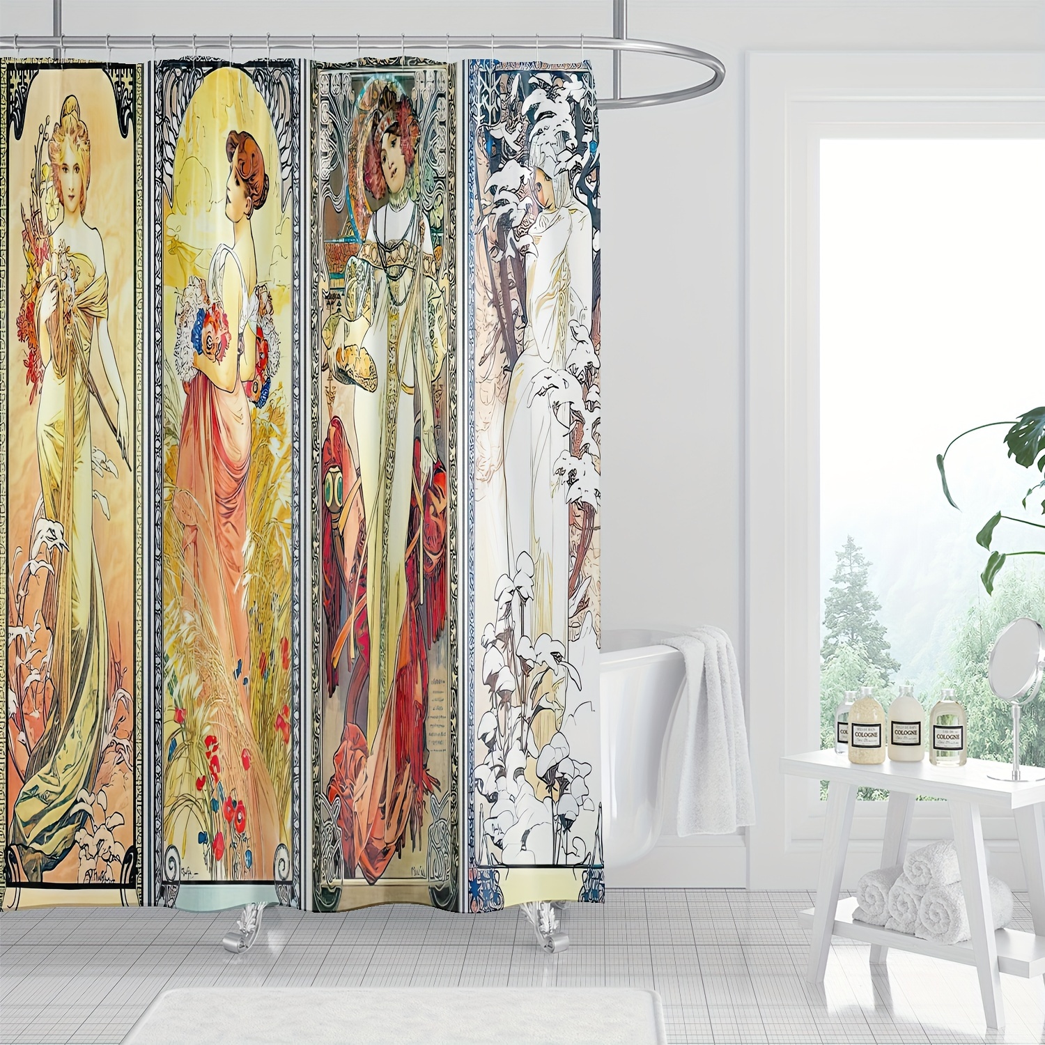 

1pc Vintage Woman Pattern Shower Curtain, Waterproof Bathroom Partition Curtain With Hooks, Bathroom Accessories, Home Decor