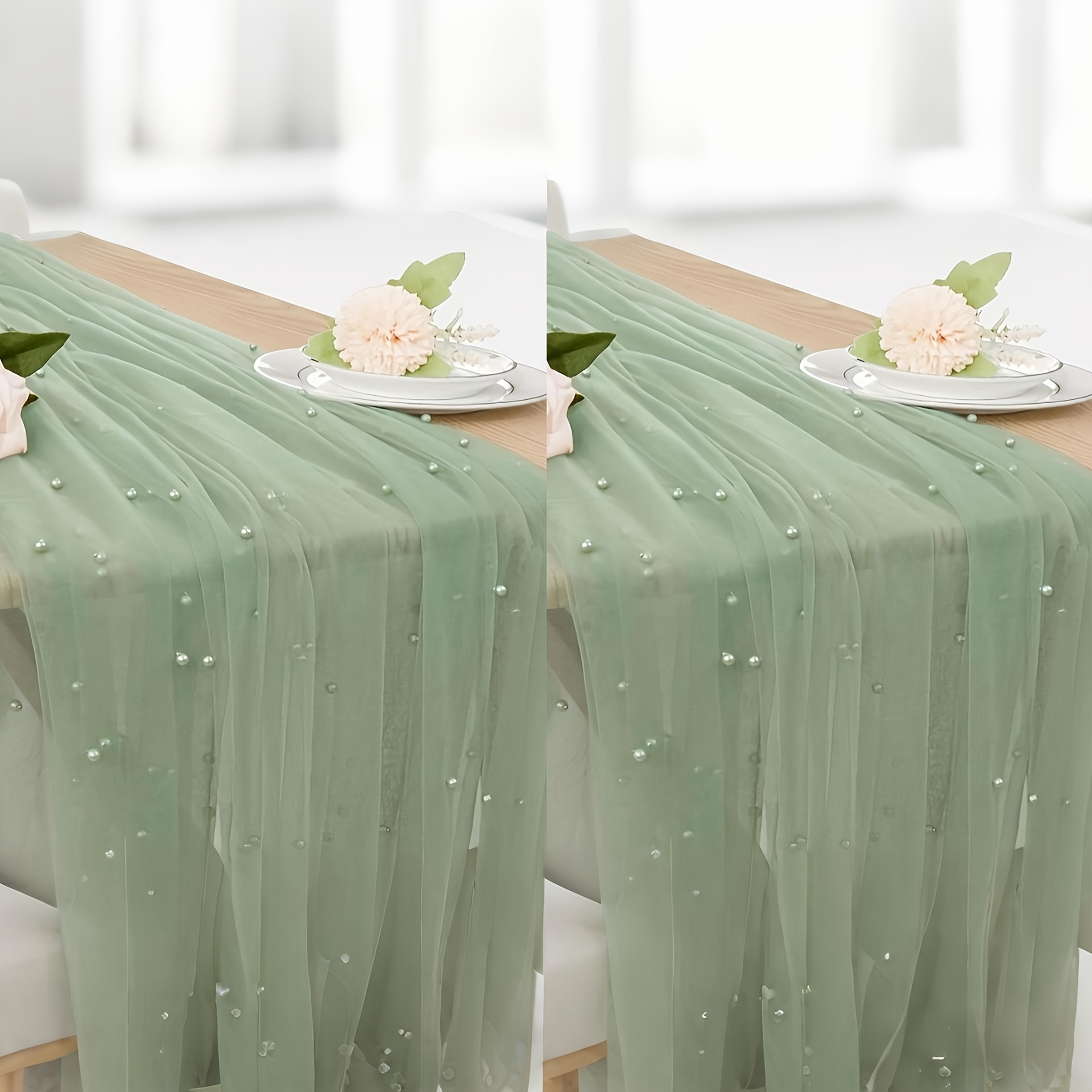 E-shop 2 Stück Elegante Grüne Künstliche Perlen Tüll Tischläufer - für Hochzeiten, Brautpartys und Besondere Anlässe | Knitterarmes Gesticktes Design |