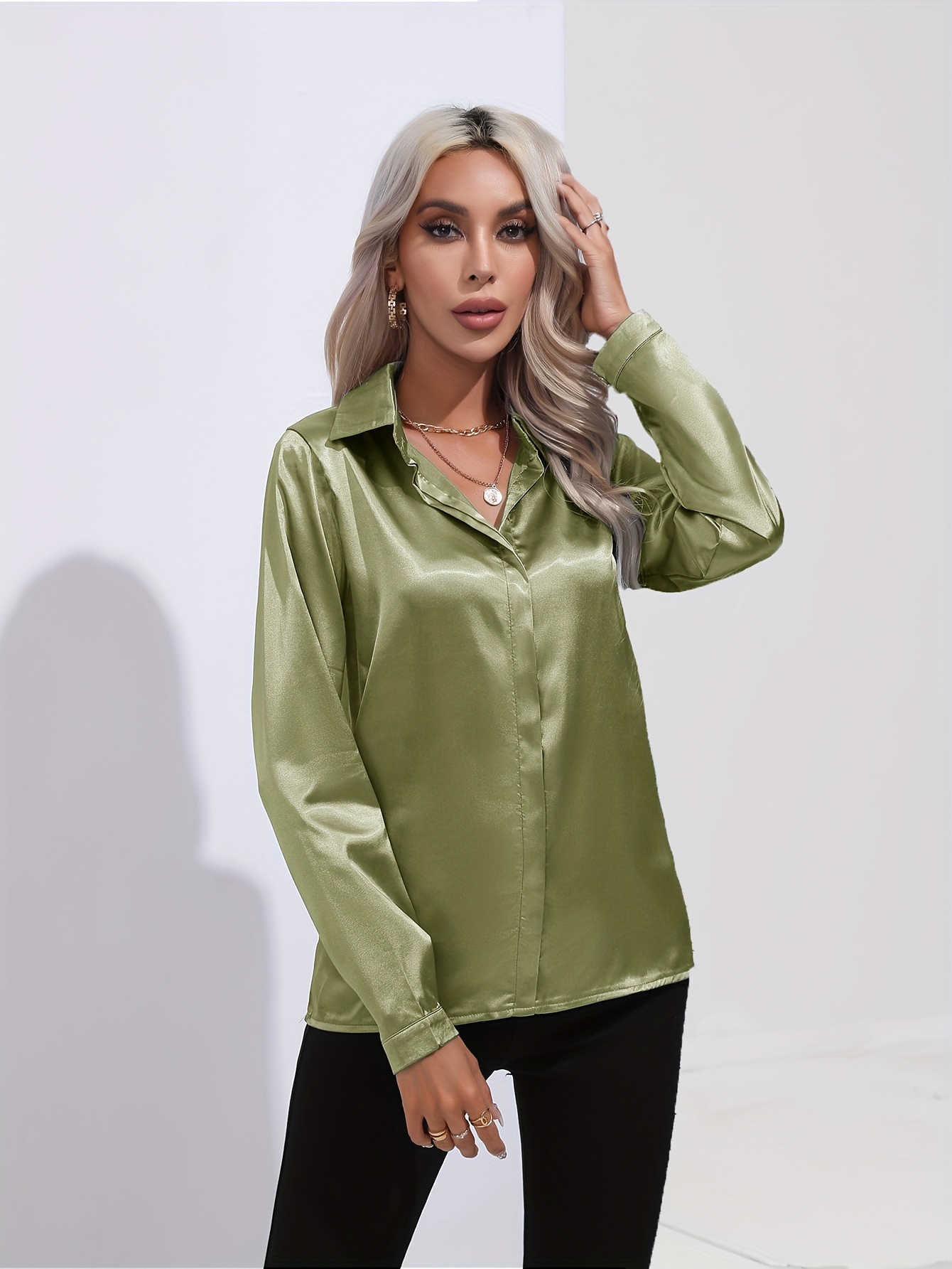 elegant red satin long sleeve blouse women smooth shiny Temu