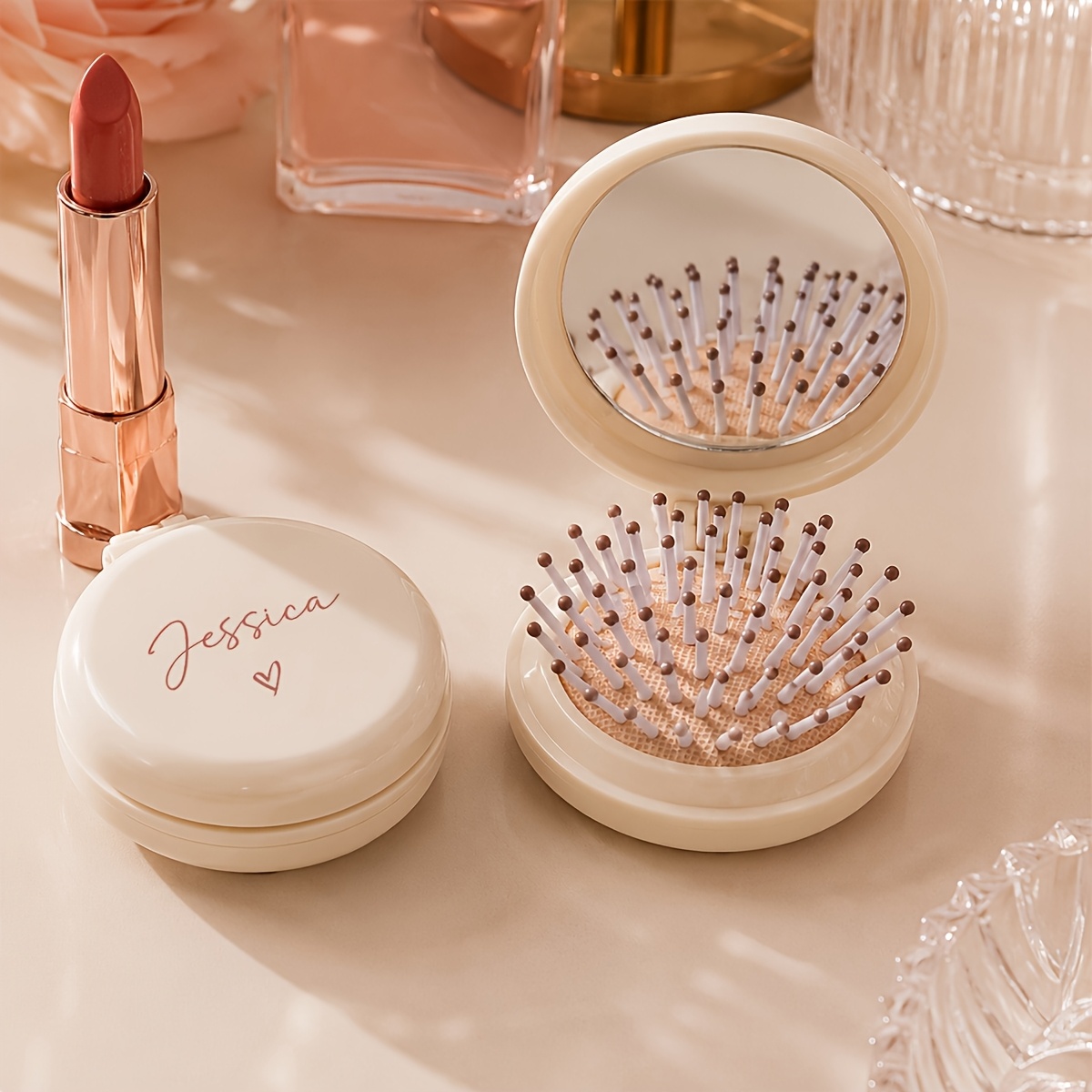 TEMU 1pc Custom Handwritten Name Heart-shaped Gift Comb Mirror 2-in-1, Fashionable Women's Portable Round Abs Plastic Cushion Massage Comb,