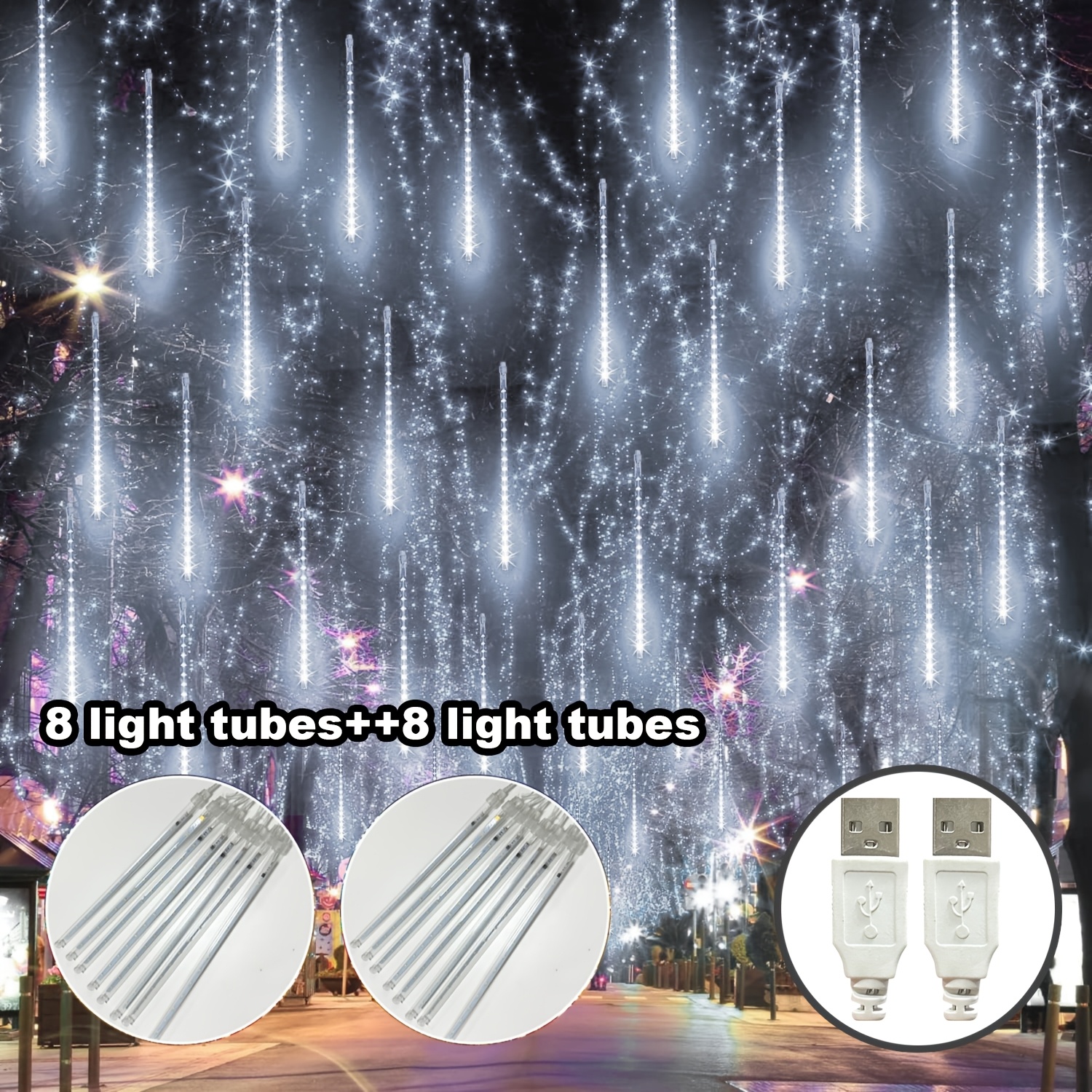 Image of 1/2pcs 16.4/32.8ft 8/16 Tube Meteor Shower Light, Usb Power Supply, Suitable For Christmas Weddings, Spring And Summer, Garden Trees, Christmas Parties, Home Decoration, Etc (blue, Warm, White, Color)