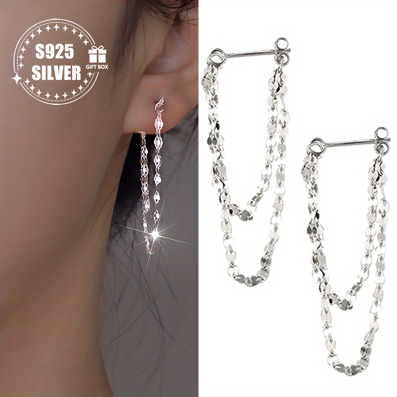 

Elegant 925 Sterling Silvery Double-layer Chain Tassel Earrings - Hypoallergenic, Reversible Design For Women | Perfect Gift For Any , Lip Stud, Festival Gift