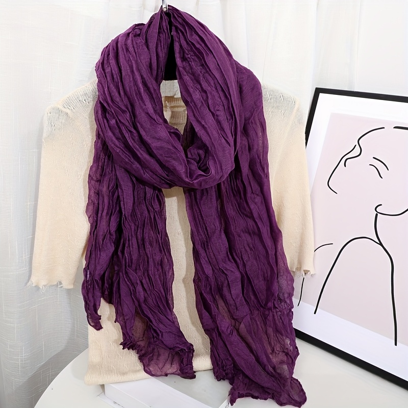 TEMU Vintage Solid Color Crinkle Pleated Scarf - Lightweight Pleated Neck Scarf Shawl, Versatile Solid Color Thin Crinkle Pleated Autumn/winter Neck
