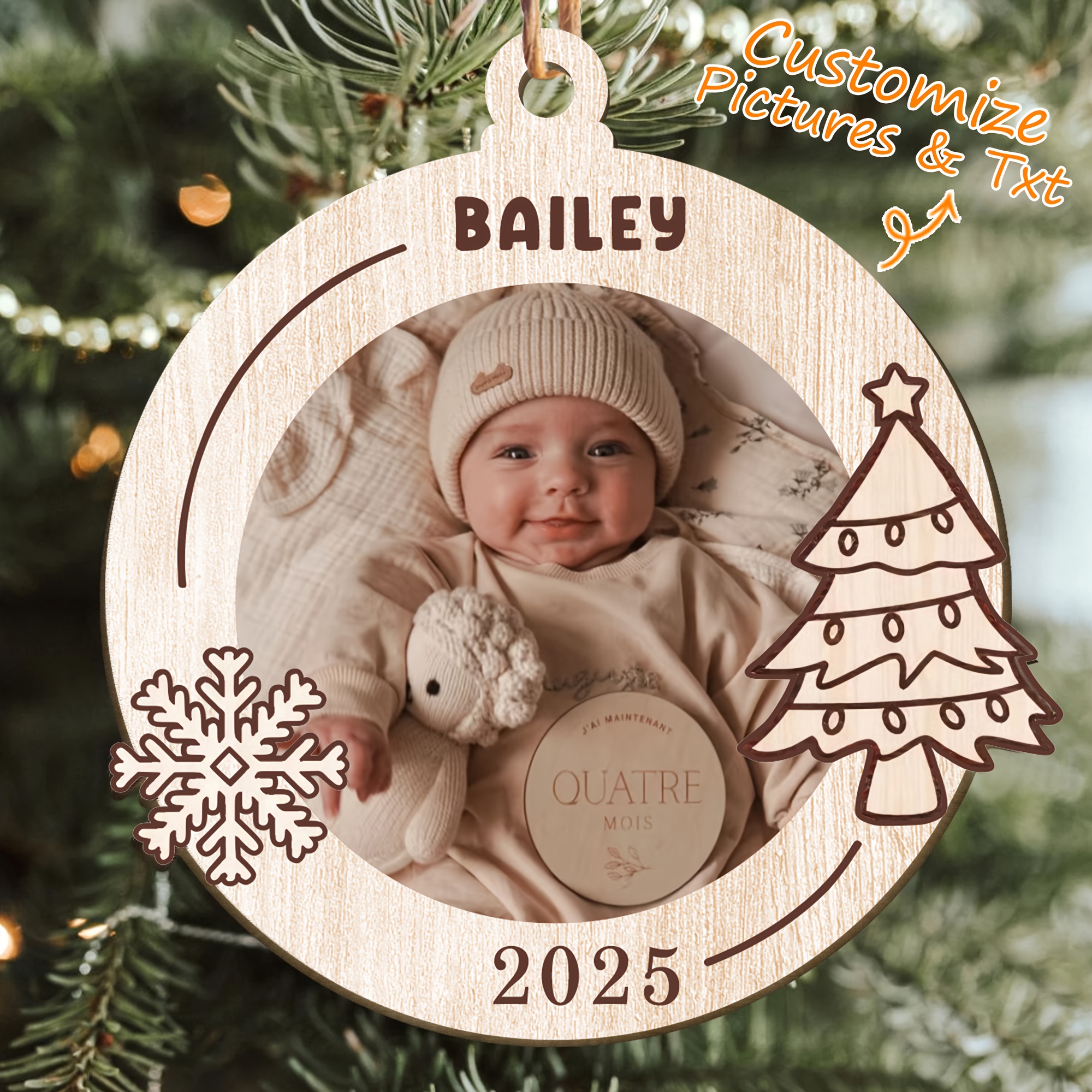 TEMU 1 pièce Décoration photo personnalisée en bois à double couche, Ornements suspendus de Noël, Pendentifs avec impression couleur de photo pour